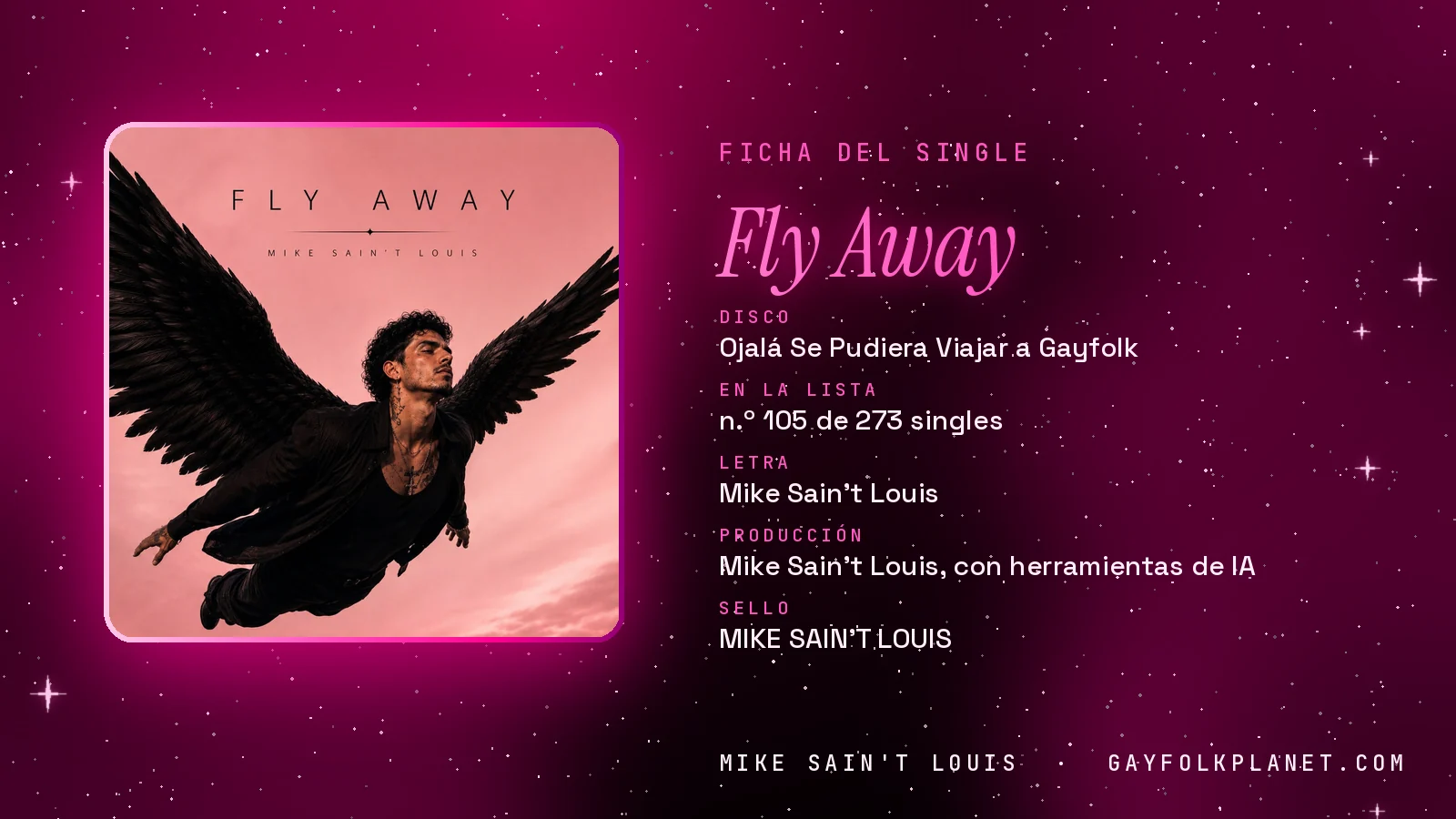 Ficha de la canción «Fly Away» con su carátula: disco «Ojalá Se Pudiera Viajar a Gayfolk», letra y producción de Mike Sain't Louis