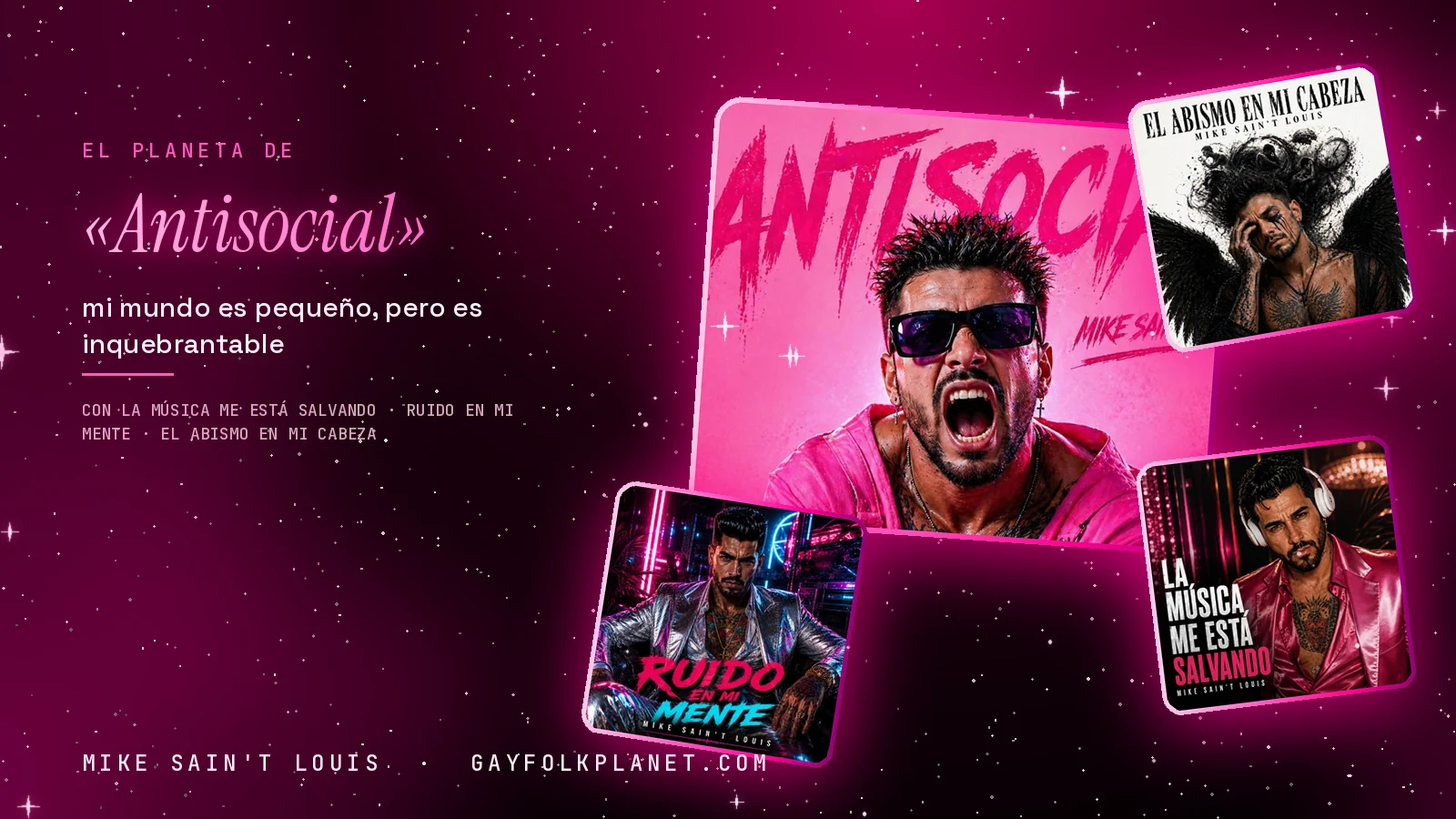 Collage con un detalle de la carátula de «Antisocial» y las carátulas de «La Música Me Está Salvando», «Ruido En Mi Mente», «El Abismo en Mi Cabeza»