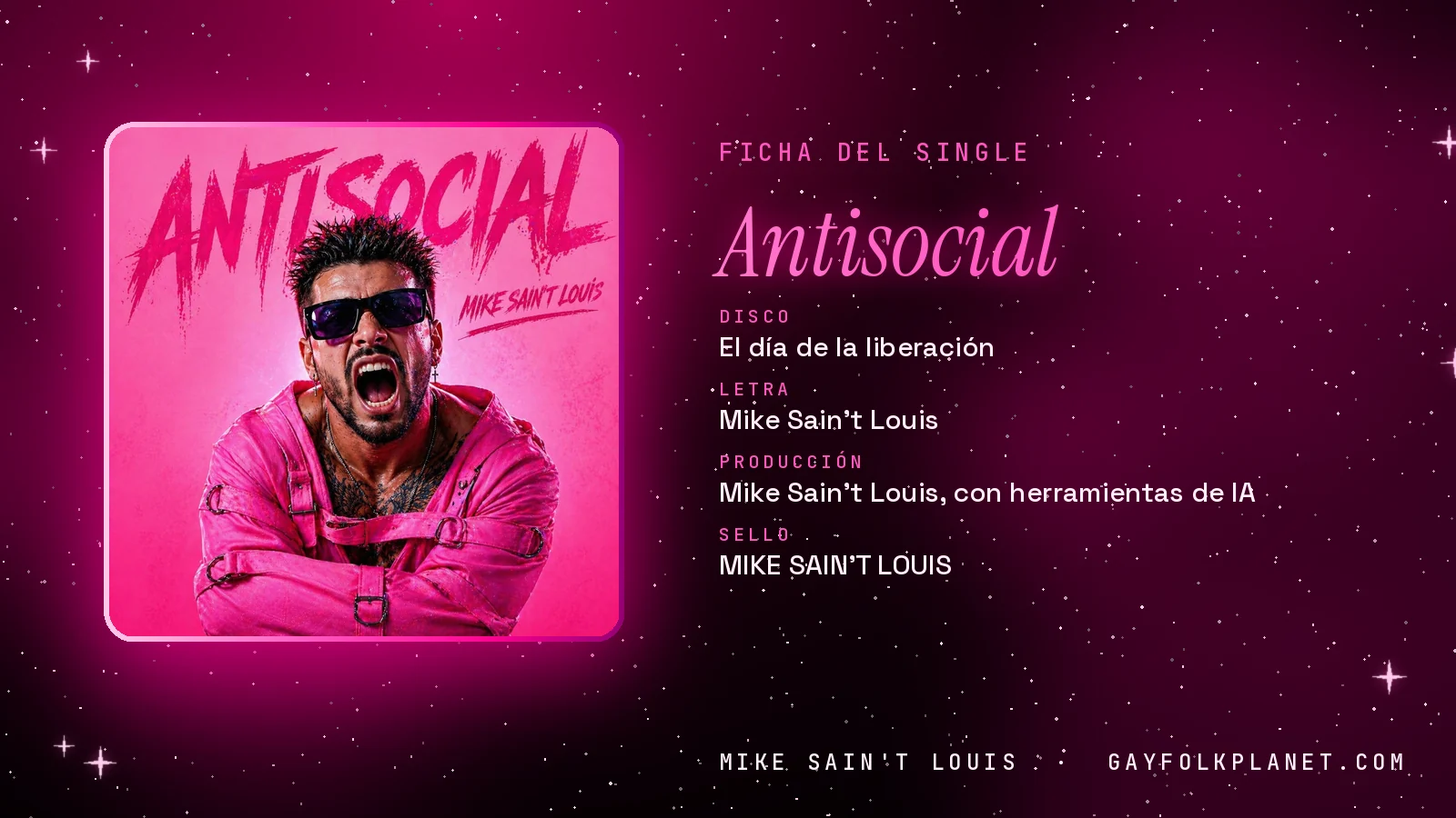 Ficha de la canción «Antisocial» con su carátula: disco «El día de la liberación», letra y producción de Mike Sain't Louis