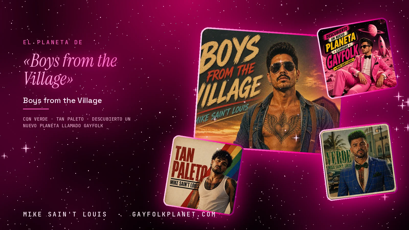 Collage con un detalle de la carátula de «Boys from the Village» y las carátulas de «Verde», «Tan paleto», «Descubierto un nuevo planeta llamado GAYFOLK»