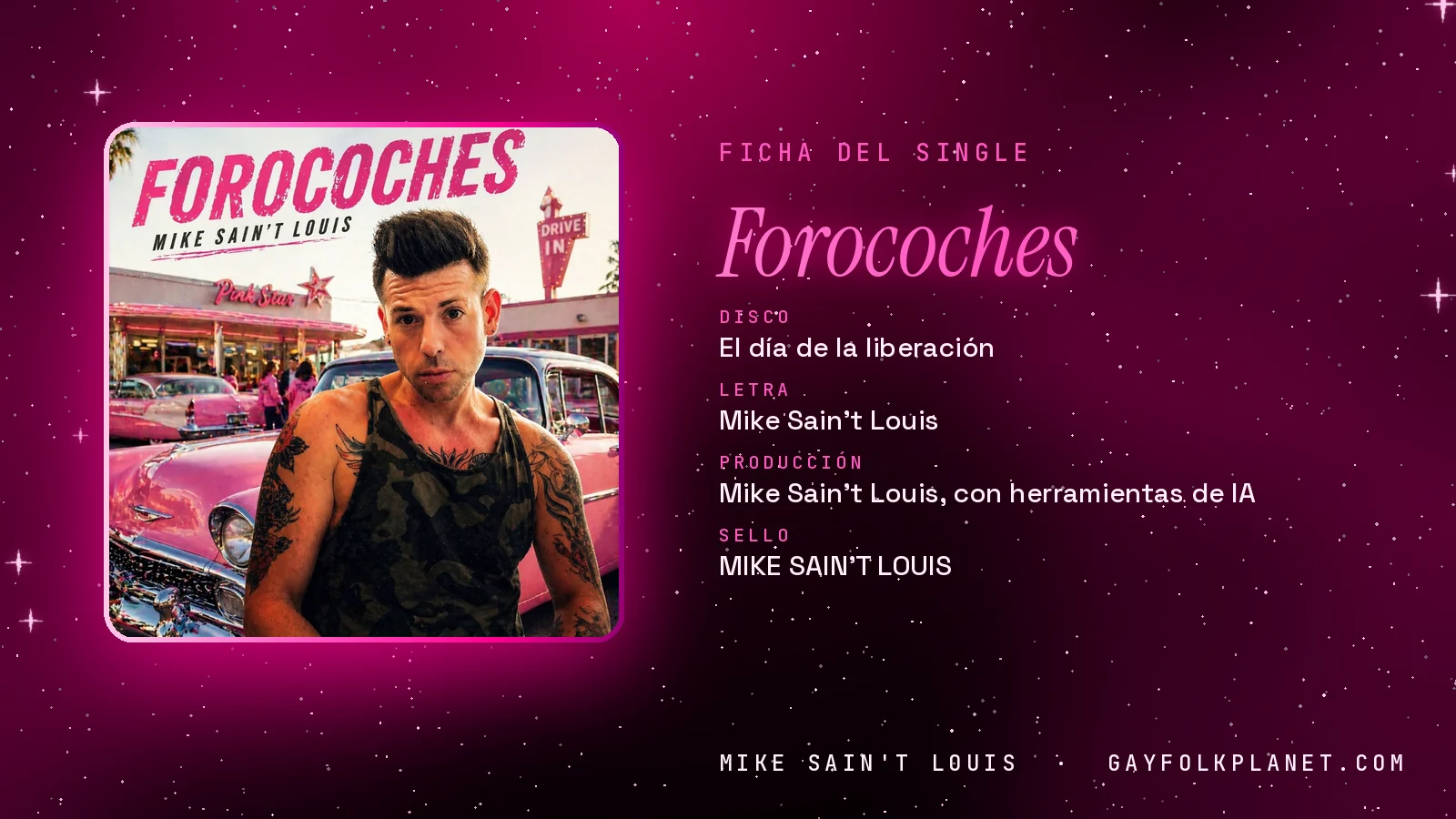 Ficha de la canción «Forocoches» con su carátula: disco «El día de la liberación», letra y producción de Mike Sain't Louis