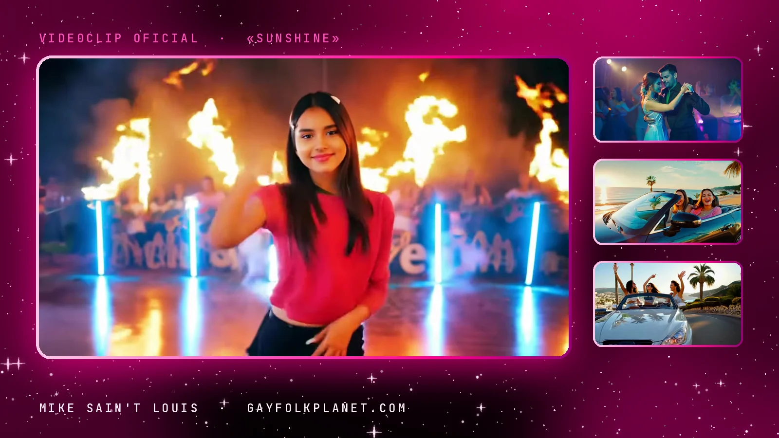 Fotogramas del videoclip de «Sunshine»: una chica con top rojo baila delante de llamaradas y tubos de luz azul, junto a una pareja agarrada, un descapotable junto al mar y tres chicas de pie en el coche con los brazos arriba