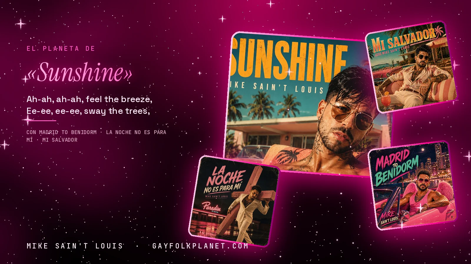 Collage con la carátula de «Sunshine» y las de «Mi salvador», «La noche no es para mí» y «Madrid to Benidorm», junto a los versos de la brisa y los árboles