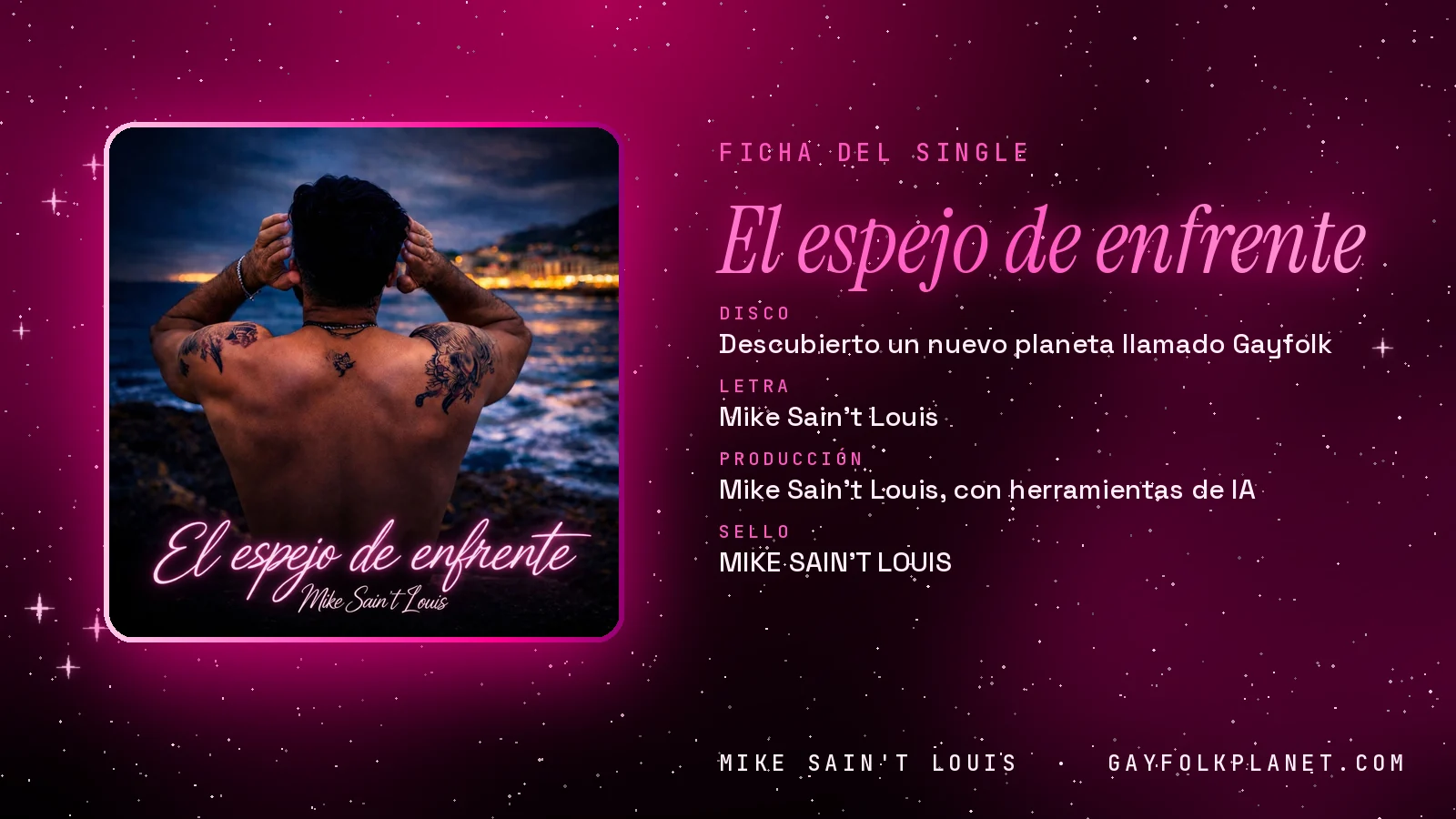 Ficha de la canción «El espejo de enfrente» con su carátula: disco «Descubierto un nuevo planeta llamado Gayfolk», letra y producción de Mike Sain't Louis