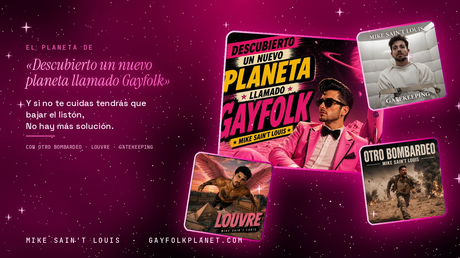 Collage con un detalle de la carátula de «Descubierto un nuevo planeta llamado Gayfolk» y las carátulas de «Otro bombardeo», «Louvre», «Gatekeeping»