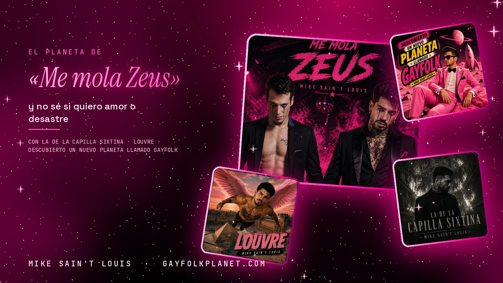 Collage con un detalle de la carátula de «Me mola Zeus» y las carátulas de «La de la capilla sixtina», «Louvre», «Descubierto un nuevo planeta llamado Gayfolk»