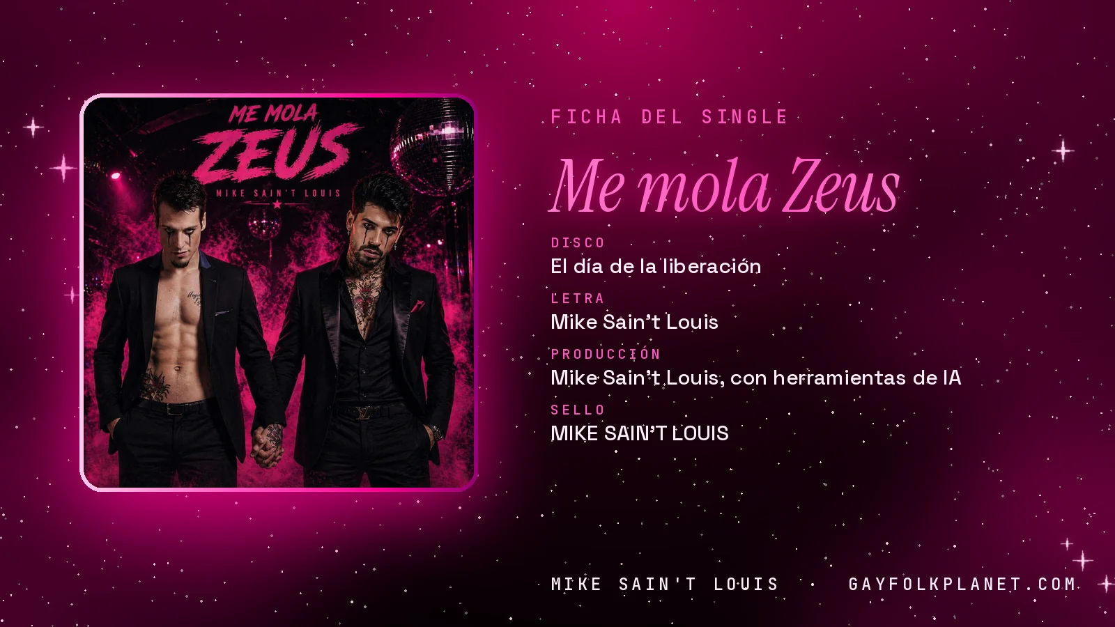 Ficha de la canción «Me mola Zeus» con su carátula: disco «El día de la liberación», letra y producción de Mike Sain't Louis
