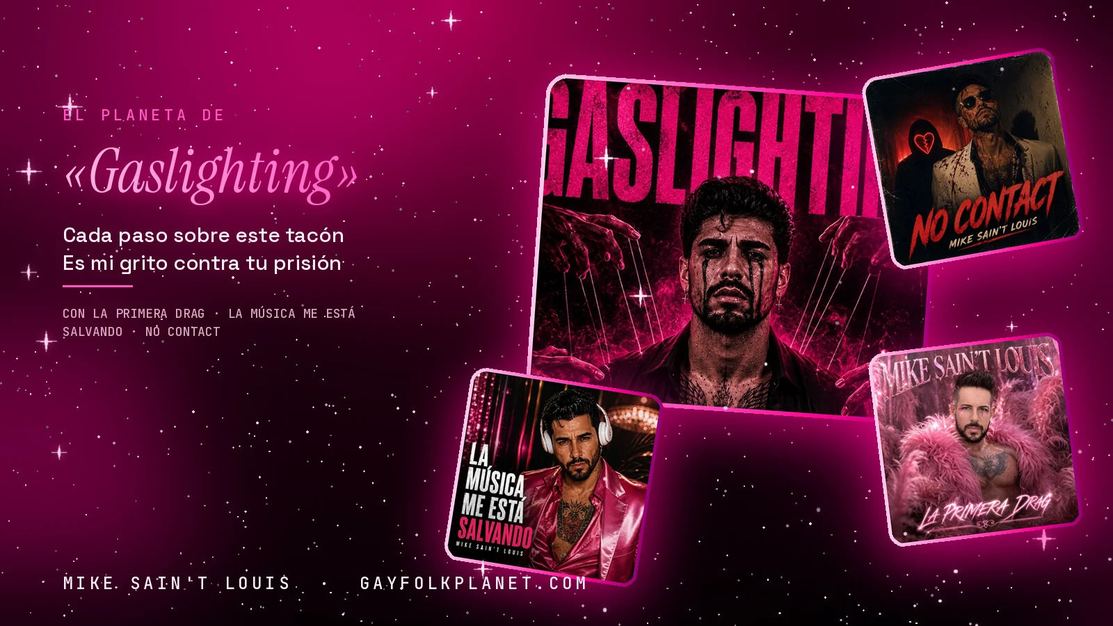 Collage con un detalle de la carátula de «Gaslighting» y las carátulas de «La primera drag», «La Música Me Está Salvando», «No contact»