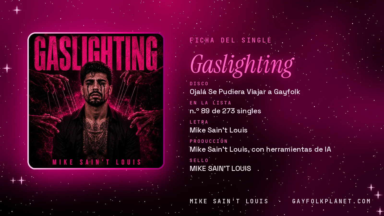 Ficha de la canción «Gaslighting» con su carátula: disco «Ojalá Se Pudiera Viajar a Gayfolk», letra y producción de Mike Sain't Louis