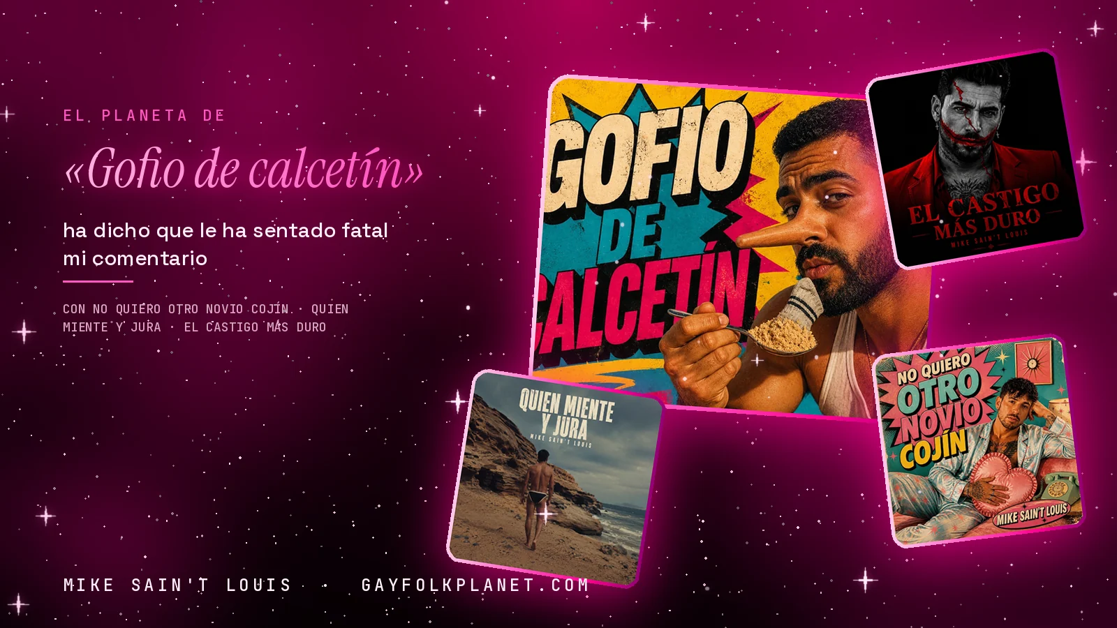 Collage con un detalle de la carátula de «Gofio de calcetín» y las carátulas de «No quiero otro novio cojín», «Quien miente y jura», «El castigo más duro»