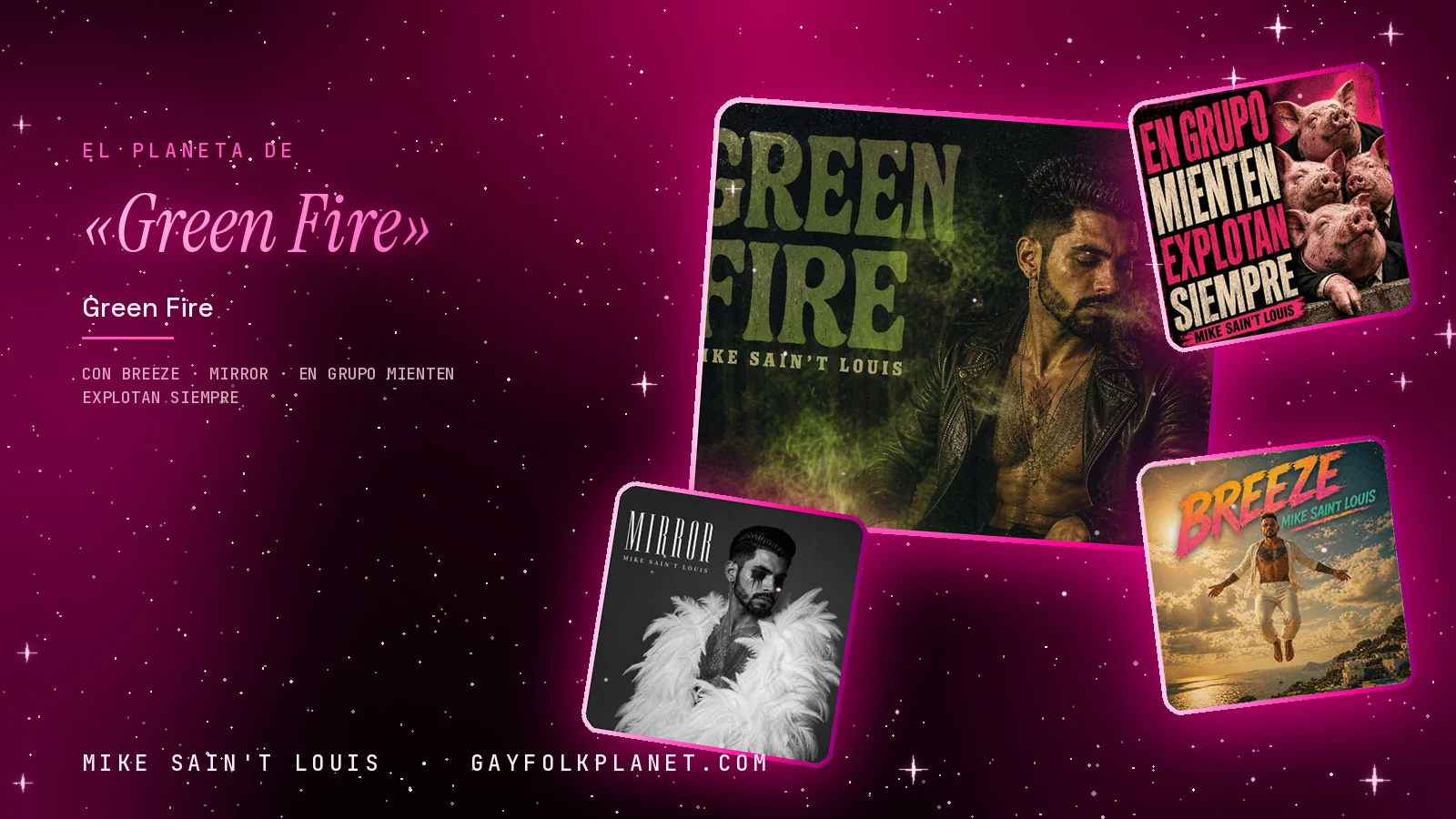 Collage con un detalle de la carátula de «Green Fire» y las carátulas de «Breeze», «Mirror», «En Grupo Mienten Explotan Siempre»