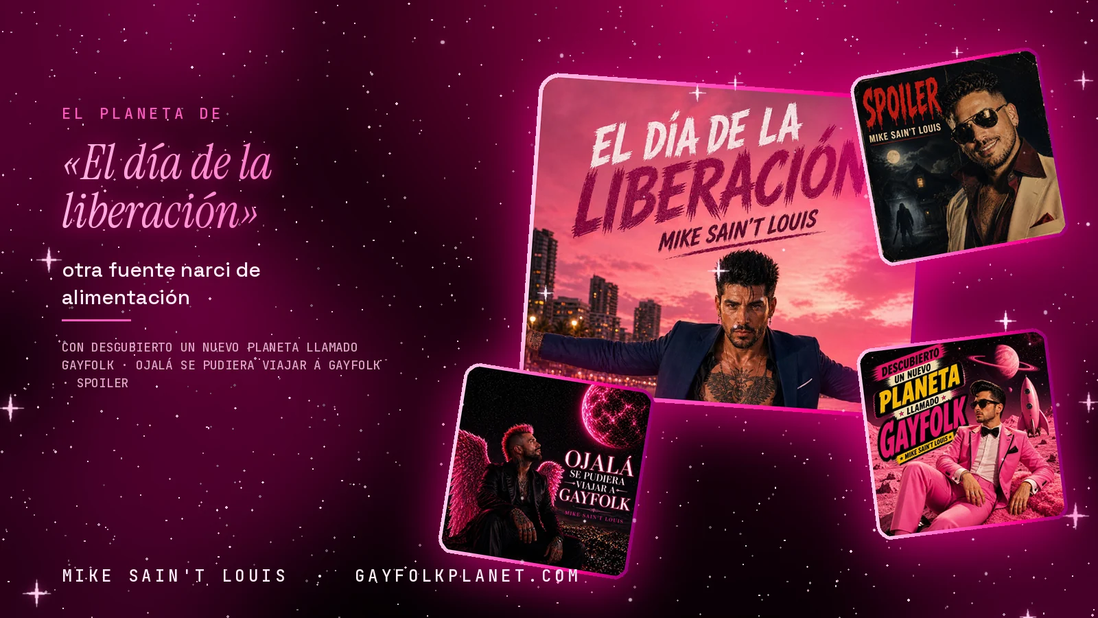 Collage con un detalle de la carátula de «El día de la liberación» y las carátulas de «Descubierto un nuevo planeta llamado Gayfolk», «Ojalá se pudiera viajar a Gayfolk», «Spoiler»