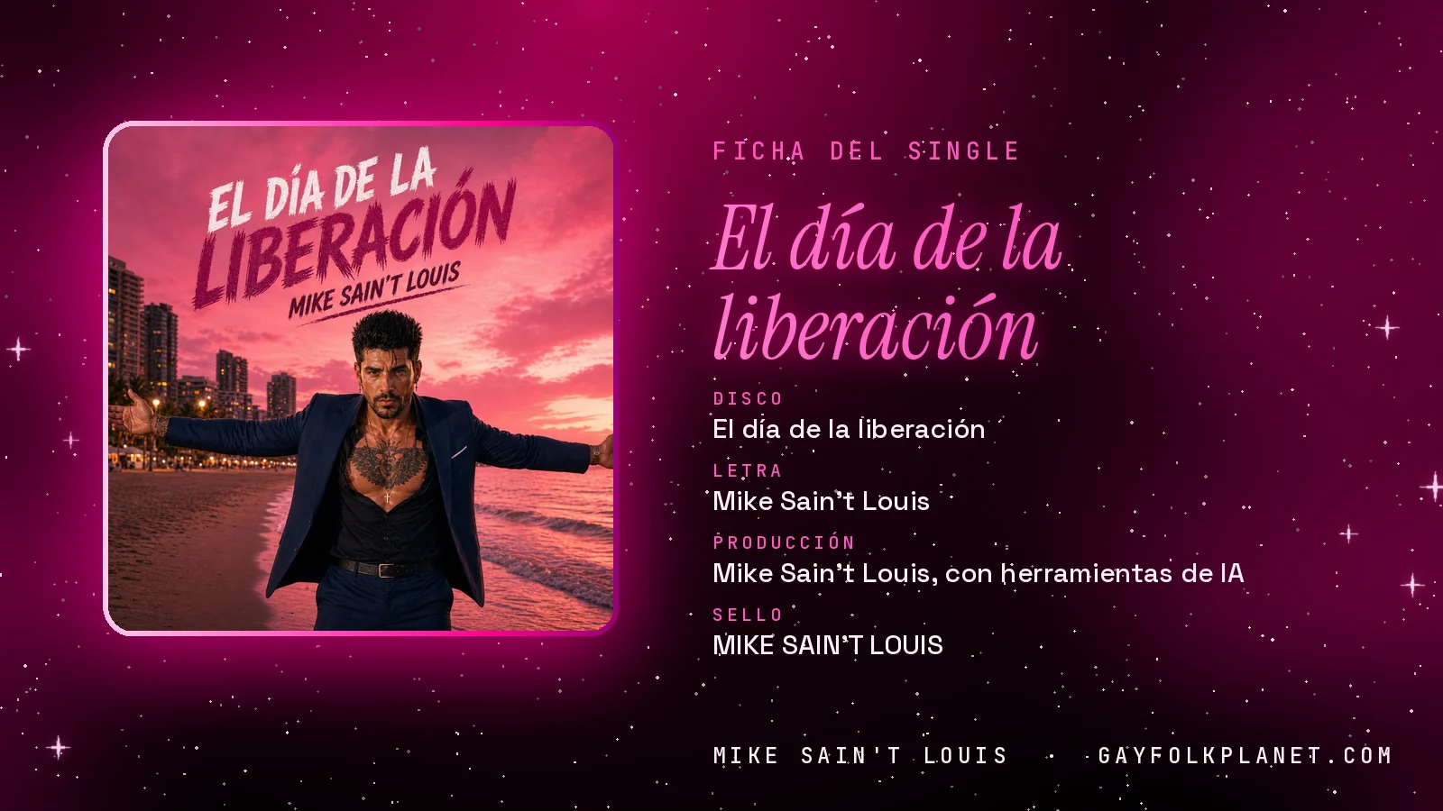 Ficha de la canción «El día de la liberación» con su carátula: disco «El día de la liberación», letra y producción de Mike Sain't Louis