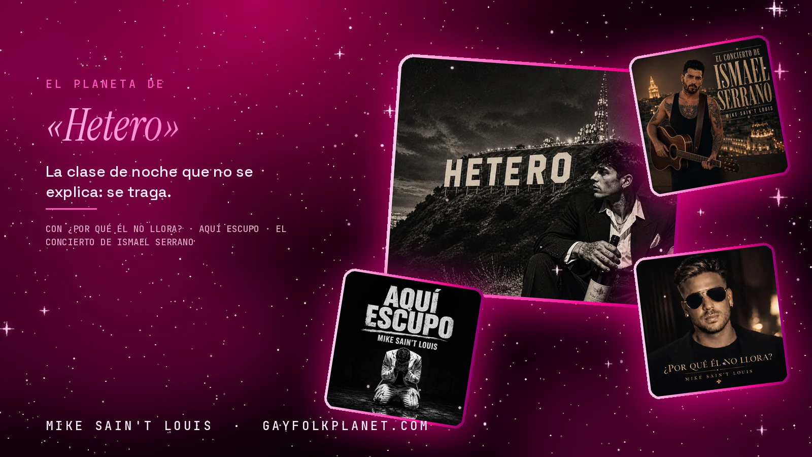 Collage con un detalle de la carátula de «Hetero» y las carátulas de «¿Por qué él no llora?», «Aquí escupo», «El Concierto de Ismael Serrano»