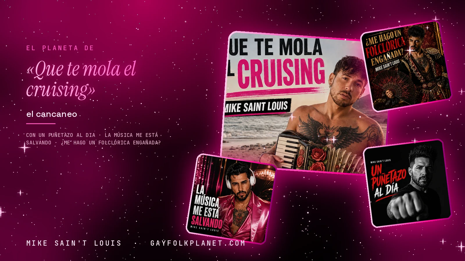 Collage con un detalle de la carátula de «Que te mola el cruising» y las carátulas de «Un puñetazo al dia», «La música me está salvando», «¿Me hago un folclórica engañada?»