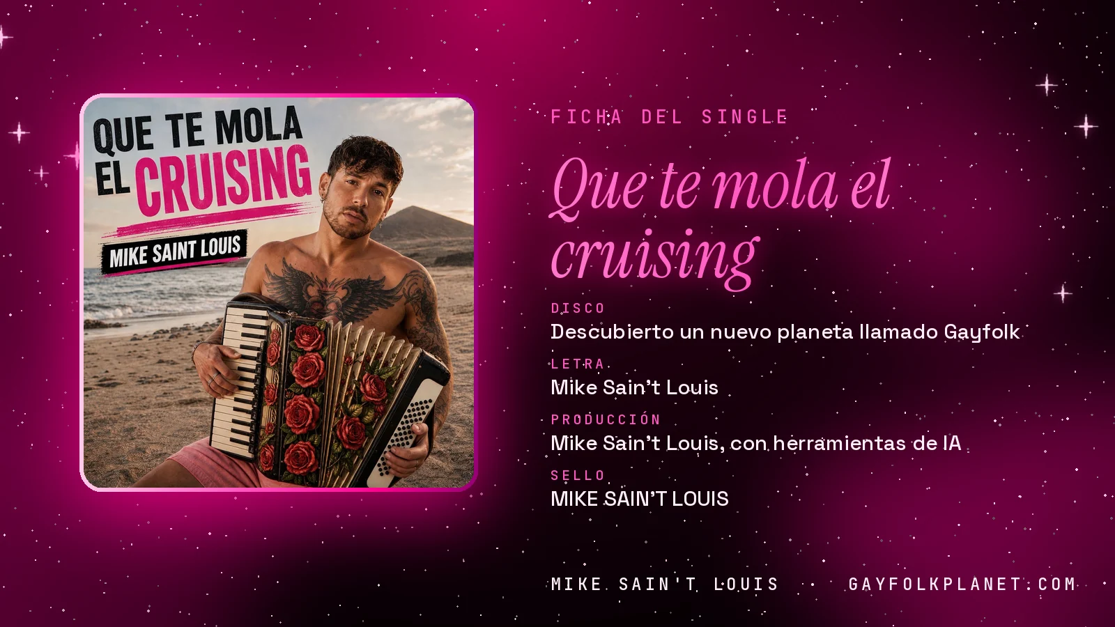Ficha de la canción «Que te mola el cruising» con su carátula: disco «Descubierto un nuevo planeta llamado Gayfolk», letra y producción de Mike Sain't Louis