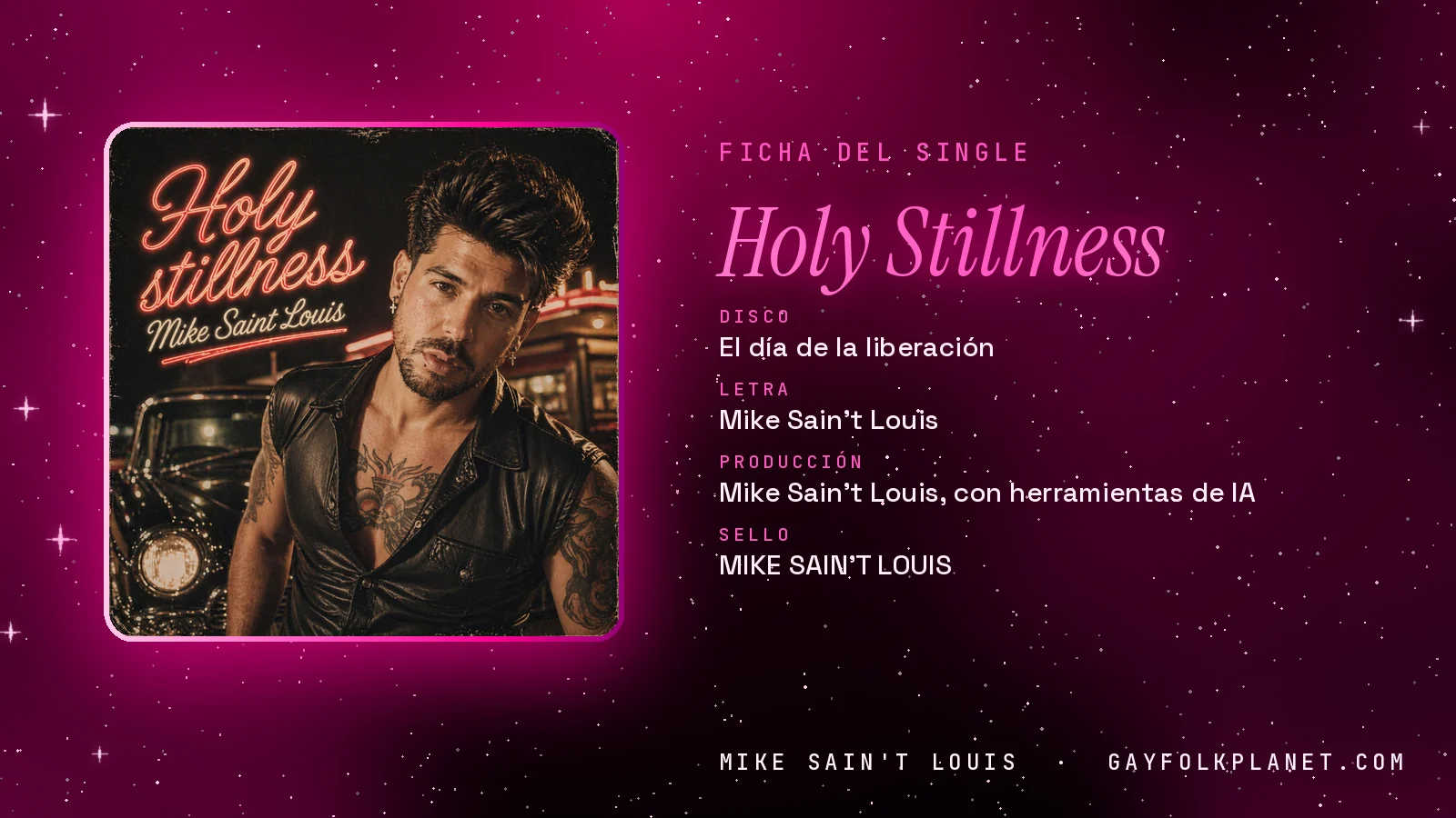 Ficha de la canción «Holy Stillness» con su carátula: disco «El día de la liberación», letra y producción de Mike Sain't Louis