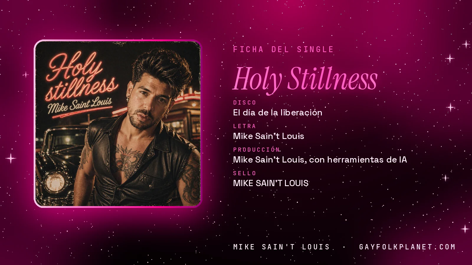Ficha de la canción «Holy Stillness» con su carátula: disco «El día de la liberación», letra y producción de Mike Sain't Louis