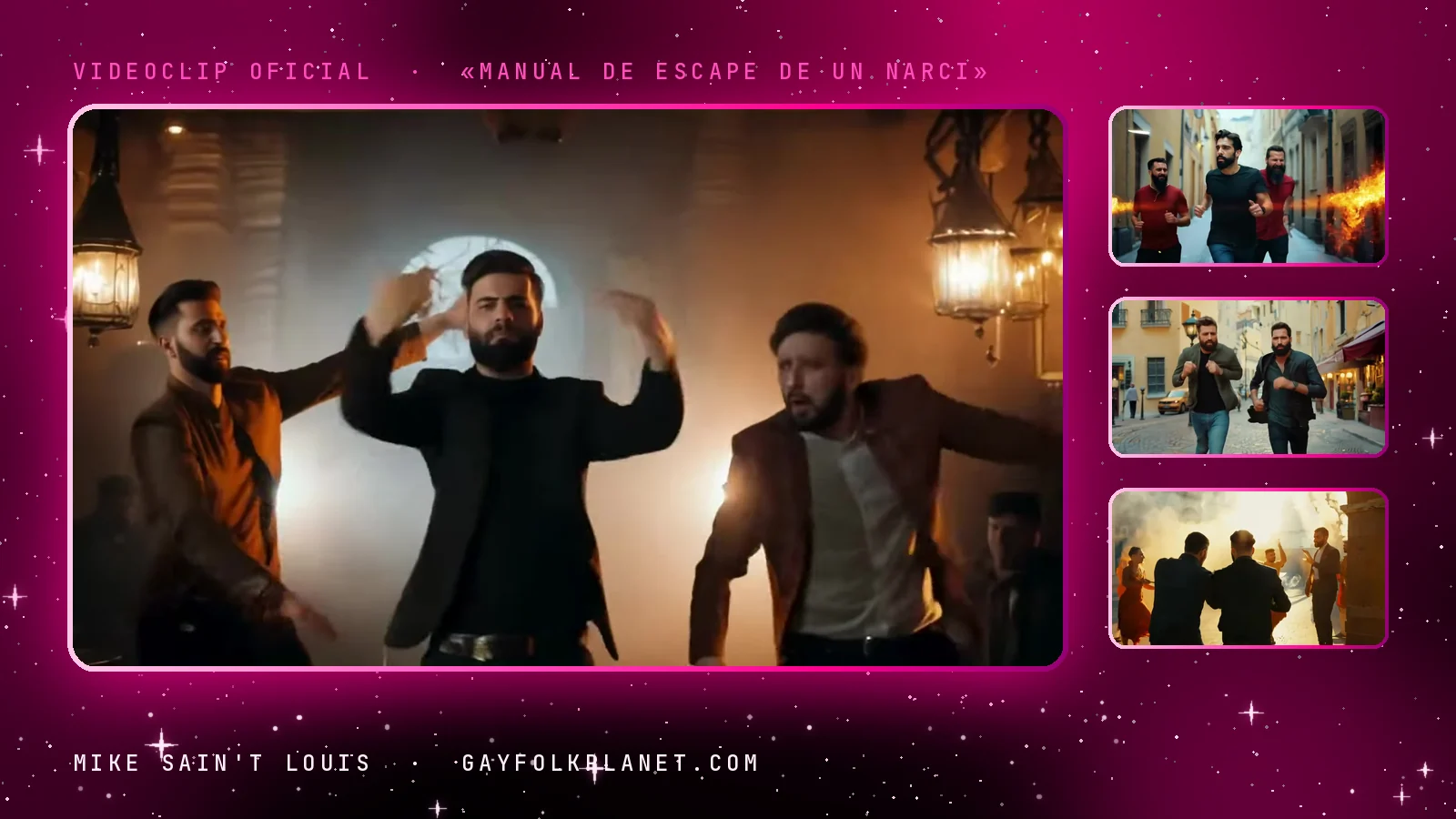 Secuencia del clip del manual de escape: baile bajo lámparas de hierro, carrera entre chorros de fuego en una calle estrecha, paseo por una plaza de fachadas ocres y un paseo final entre coches aparcados
