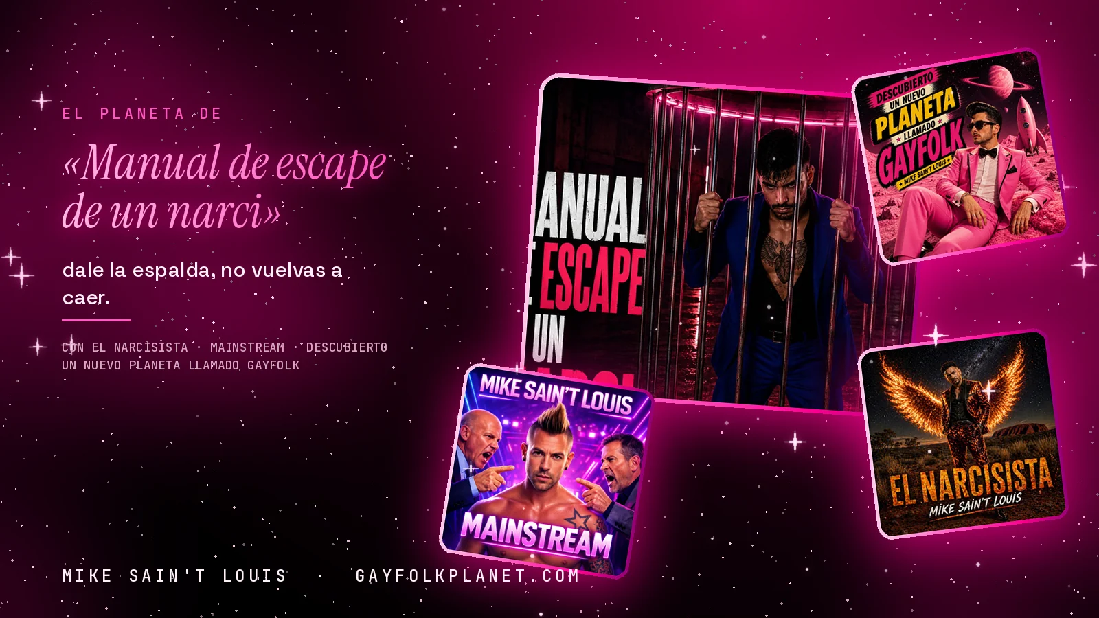 Mosaico con un recorte de la portada del manual de escape junto a las de «El narcisista», «Mainstream» y el primer disco