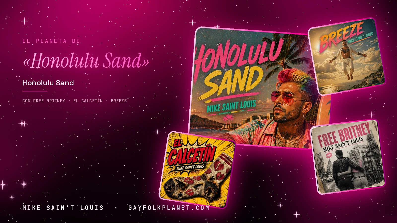 Collage con un detalle de la carátula de «Honolulu Sand» y las carátulas de «Free Britney», «El calcetín», «Breeze»