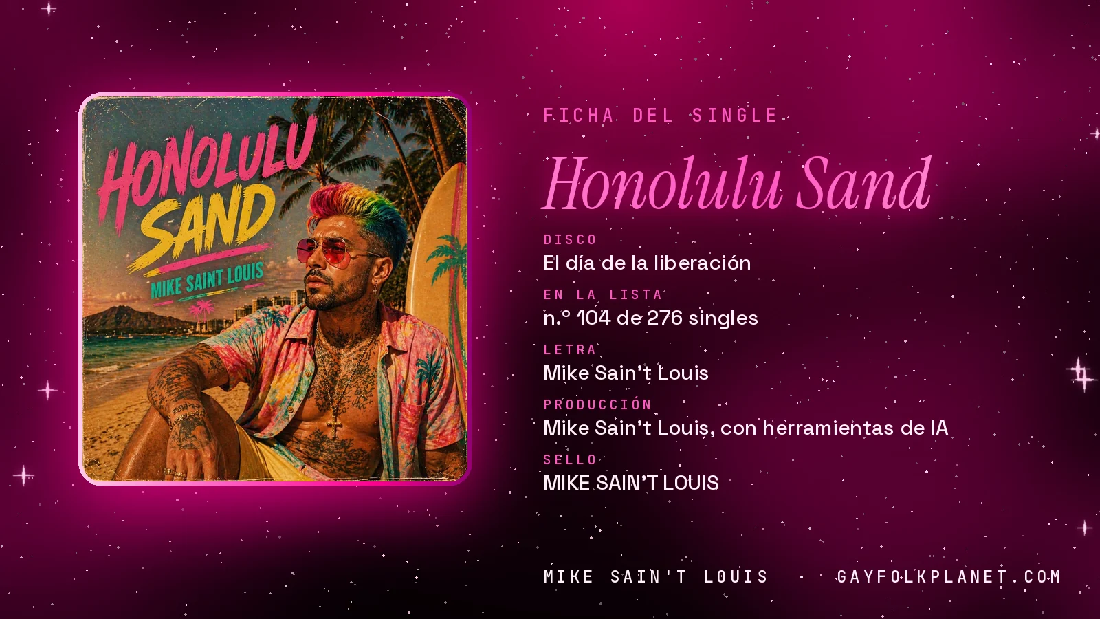 Ficha de la canción «Honolulu Sand» con su carátula: disco «El día de la liberación», letra y producción de Mike Sain't Louis