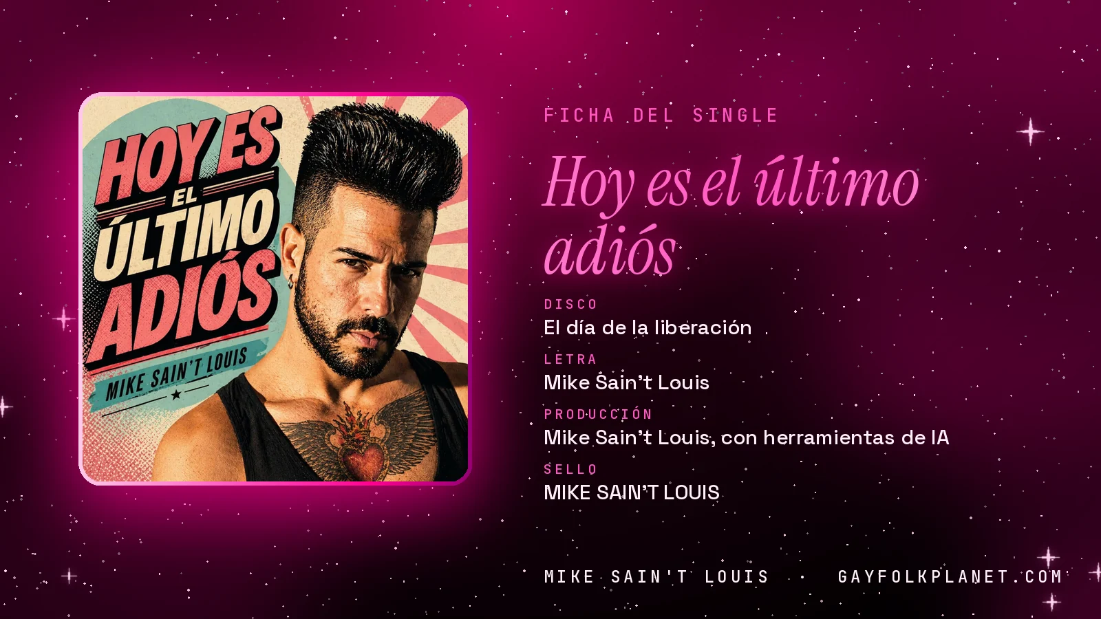 Ficha de la canción «Hoy es el último adiós» con su carátula: disco «El día de la liberación», letra y producción de Mike Sain't Louis