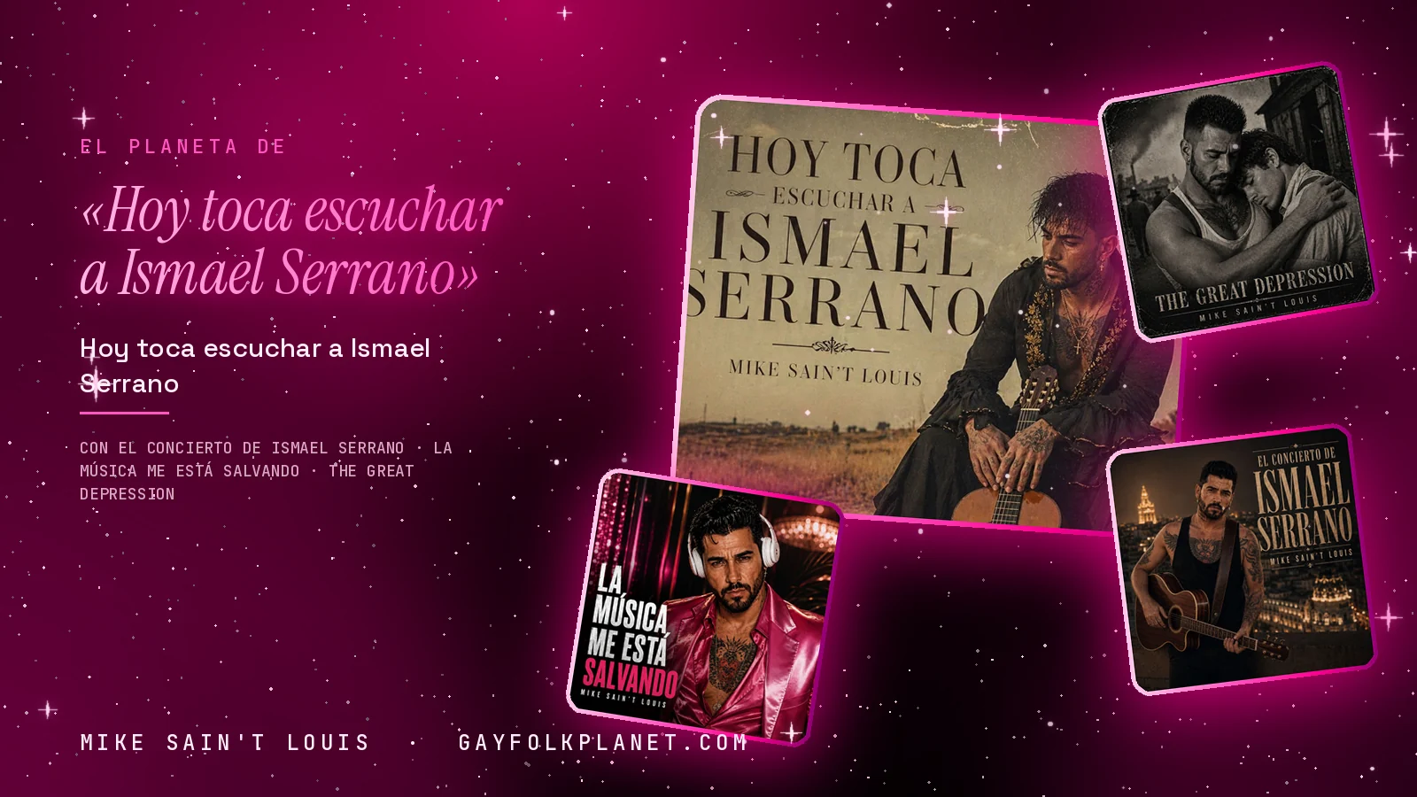 Collage con un detalle de la carátula de «Hoy toca escuchar a Ismael Serrano» y las carátulas de «El concierto de Ismael Serrano», «La música me está salvando», «The Great Depression»
