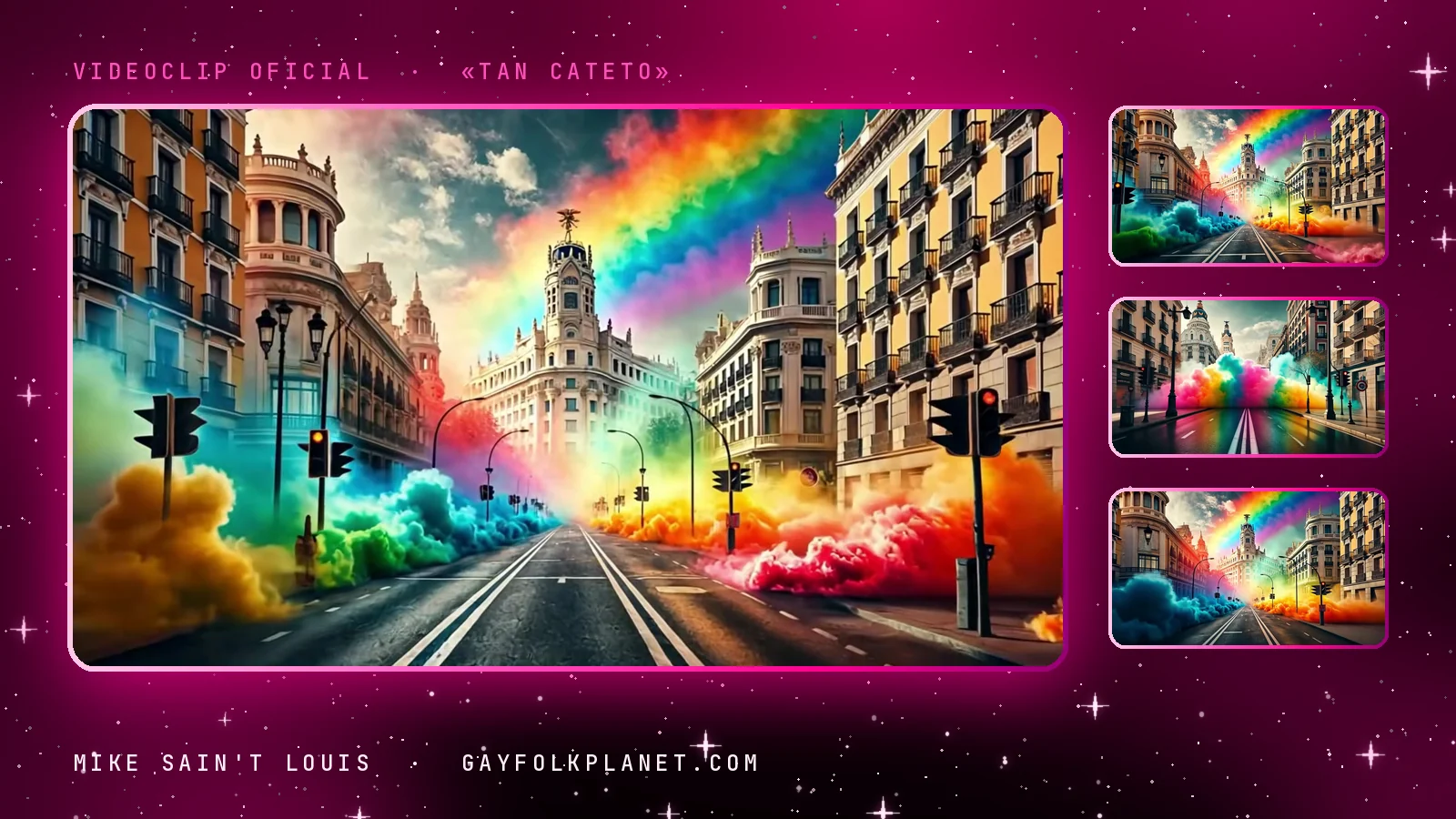Fotograma del videoclip de «Tan cateto»: una avenida vacía entre edificios clásicos con semáforos, cubierta de humo de colores y con un arcoíris sobre los tejados, junto a tres miniaturas de la misma calle con nubes rosas, verdes, azules y naranjas