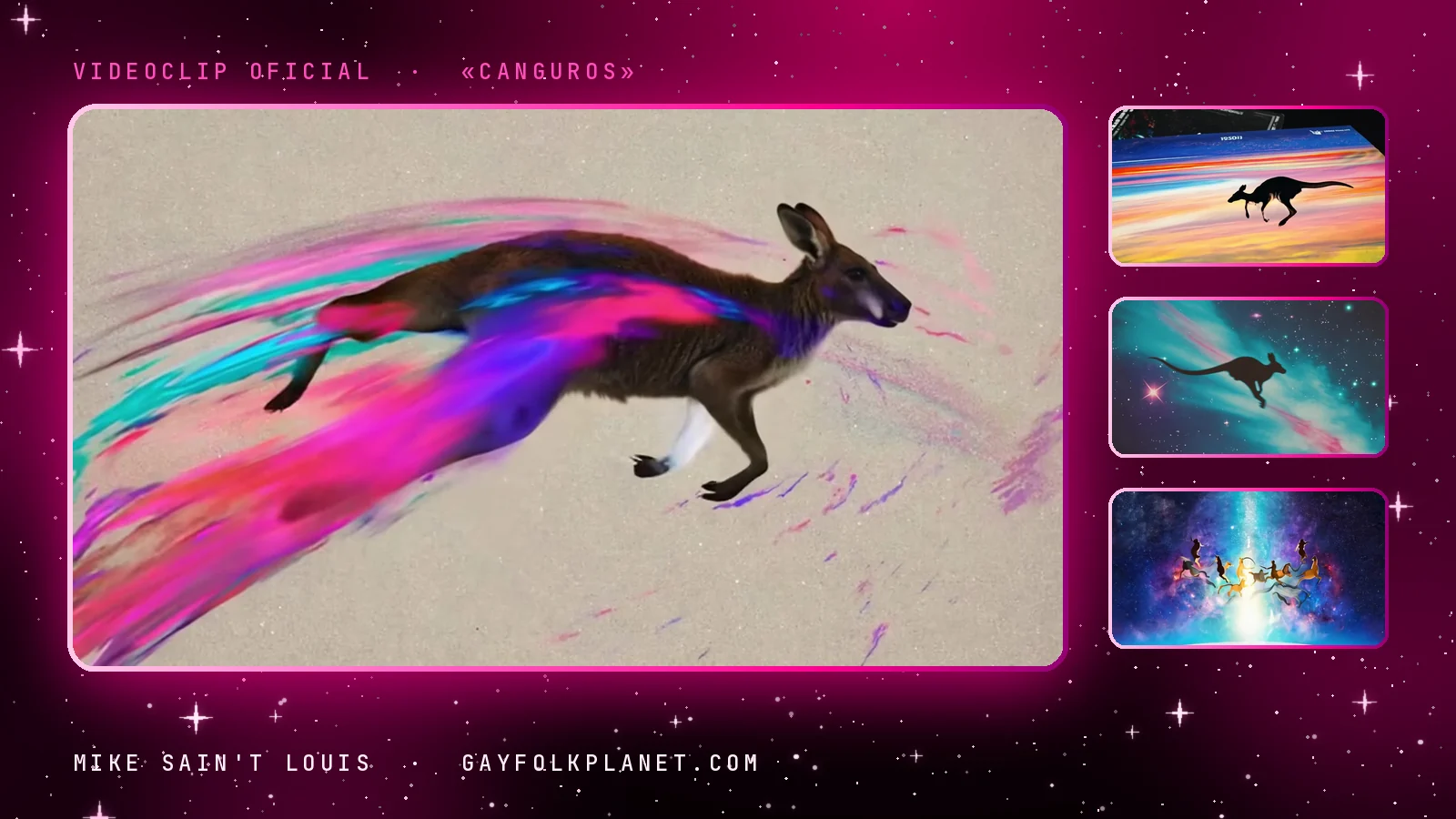 Fotograma del videoclip de «Canguros»: un canguro que salta dejando una estela de pintura magenta, turquesa y violeta sobre un fondo claro, junto a tres miniaturas con siluetas de canguro sobre franjas de atardecer y una nebulosa, y figuras que giran en el cosmos