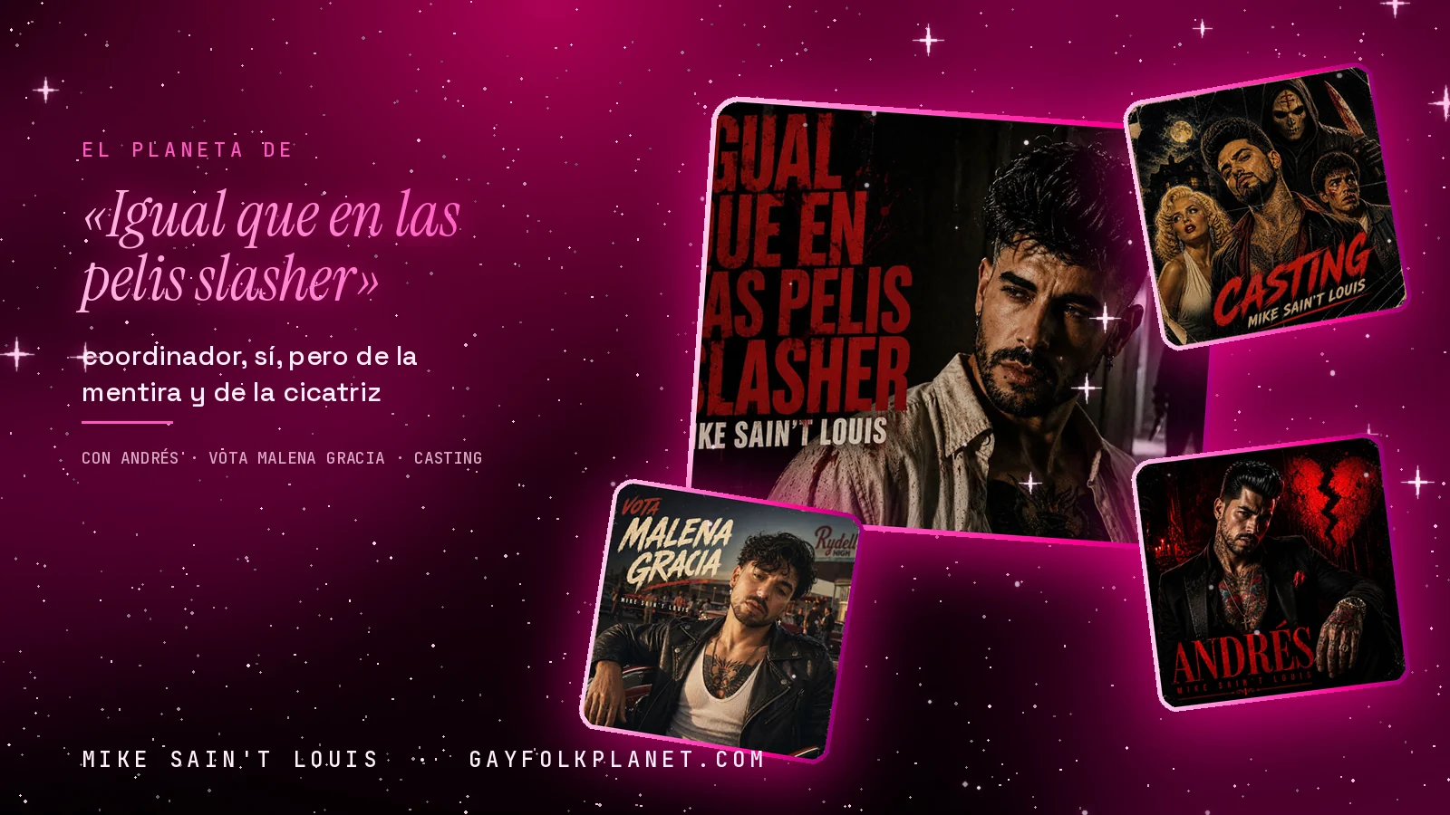 Collage con un detalle de la carátula de «Igual que en las pelis slasher» y las carátulas de «Andrés», «Vota Malena Gracia», «Casting»