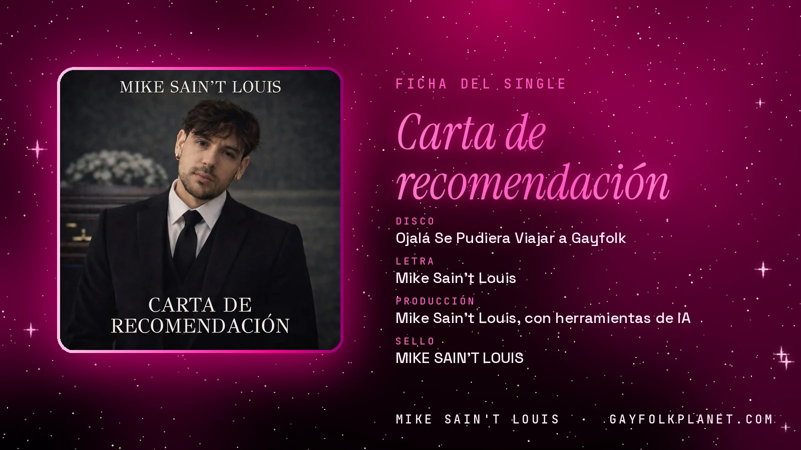 Ficha de la canción «Carta de recomendación» con su carátula: disco «Ojalá Se Pudiera Viajar a Gayfolk», letra y producción de Mike Sain't Louis