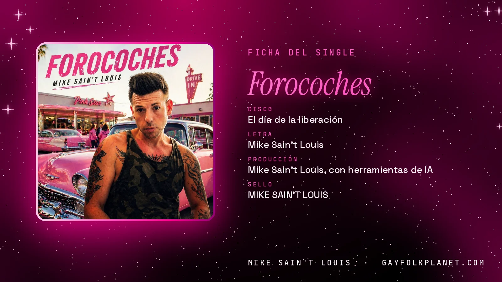 Ficha de la canción «Forocoches» con su carátula: disco «El día de la liberación», letra y producción de Mike Sain't Louis
