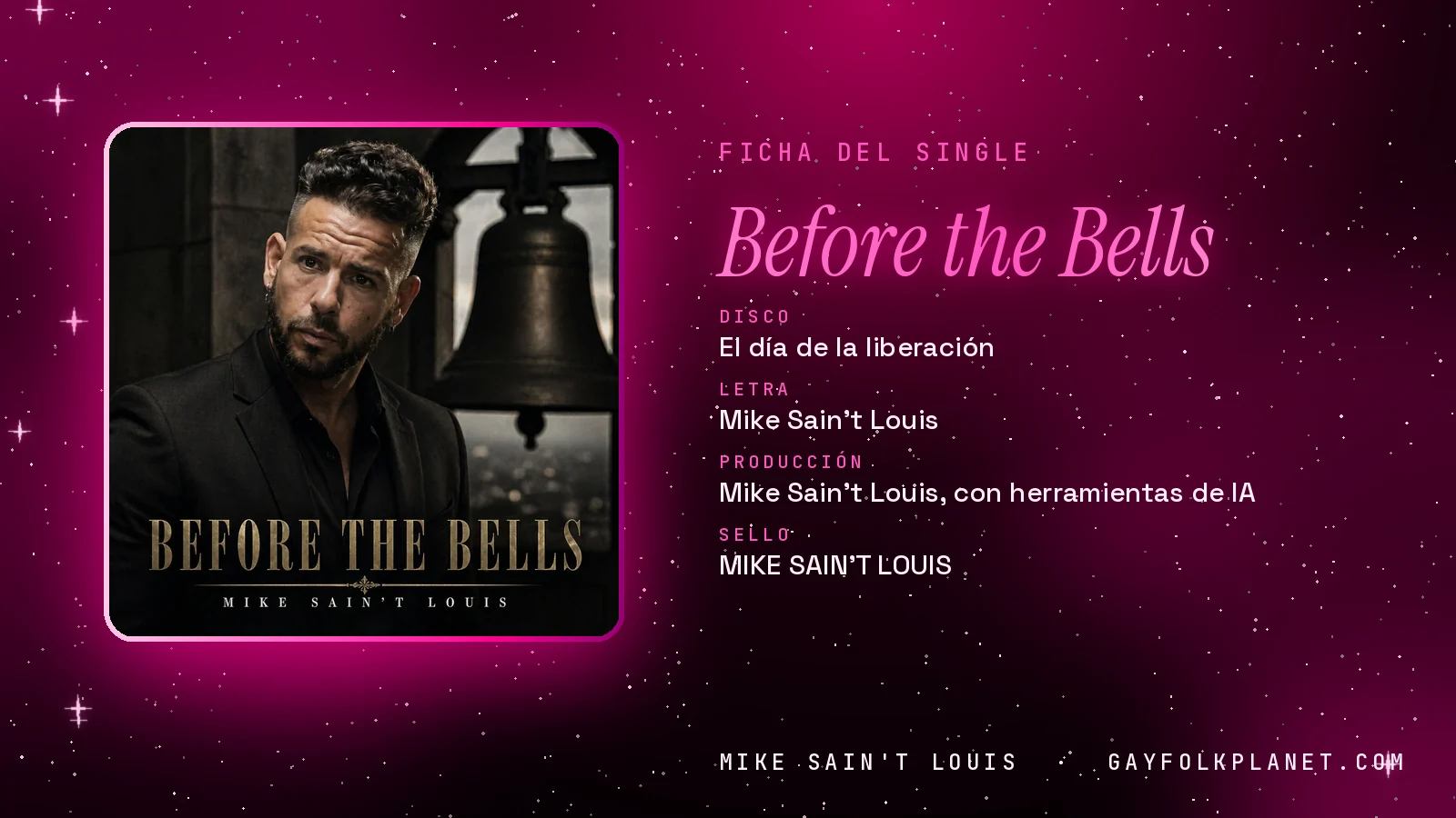 Ficha de la canción «Before the Bells» con su carátula: disco «El día de la liberación», letra y producción de Mike Sain't Louis