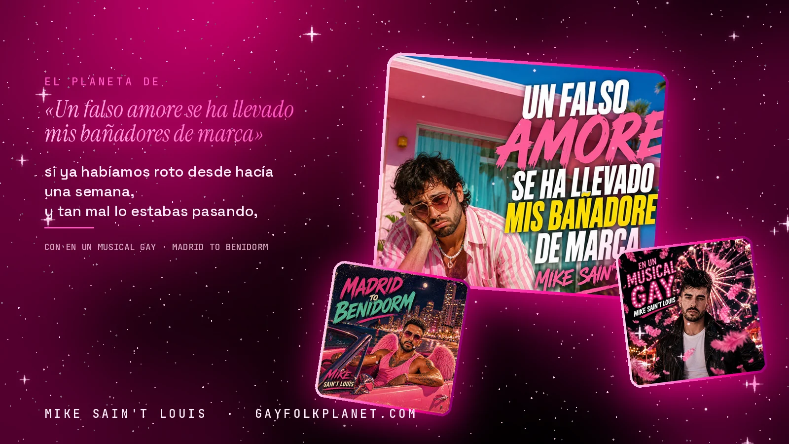 Collage con un detalle de la carátula de «Un falso amore se ha llevado mis bañadores de marca» y las carátulas de «En un musical gay», «Madrid to Benidorm»