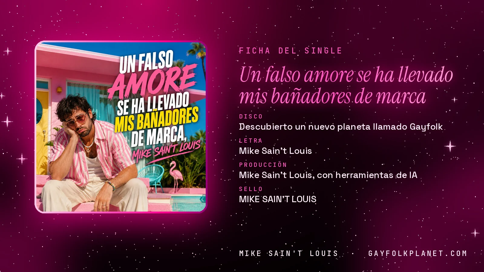 Ficha de la canción «Un falso amore se ha llevado mis bañadores de marca» con su carátula: disco «Descubierto un nuevo planeta llamado Gayfolk», letra y producción de Mike Sain't Louis
