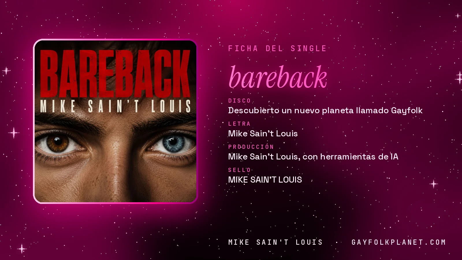Ficha de la canción «bareback» con su carátula: disco «Descubierto un nuevo planeta llamado Gayfolk», letra y producción de Mike Sain't Louis