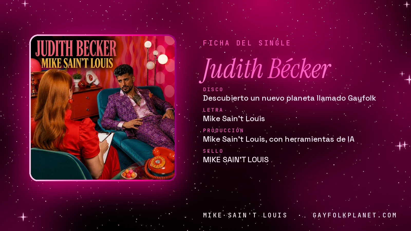 Ficha de la canción «Judith Bécker» con su carátula: disco «Descubierto un nuevo planeta llamado Gayfolk», letra y producción de Mike Sain't Louis