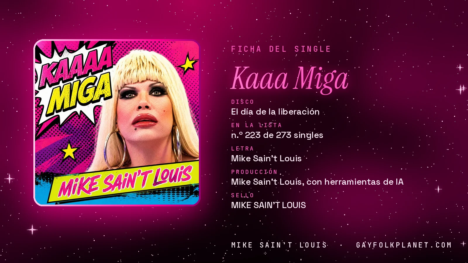 Ficha de la canción «Kaaa Miga» con su carátula: disco «El día de la liberación», letra y producción de Mike Sain't Louis