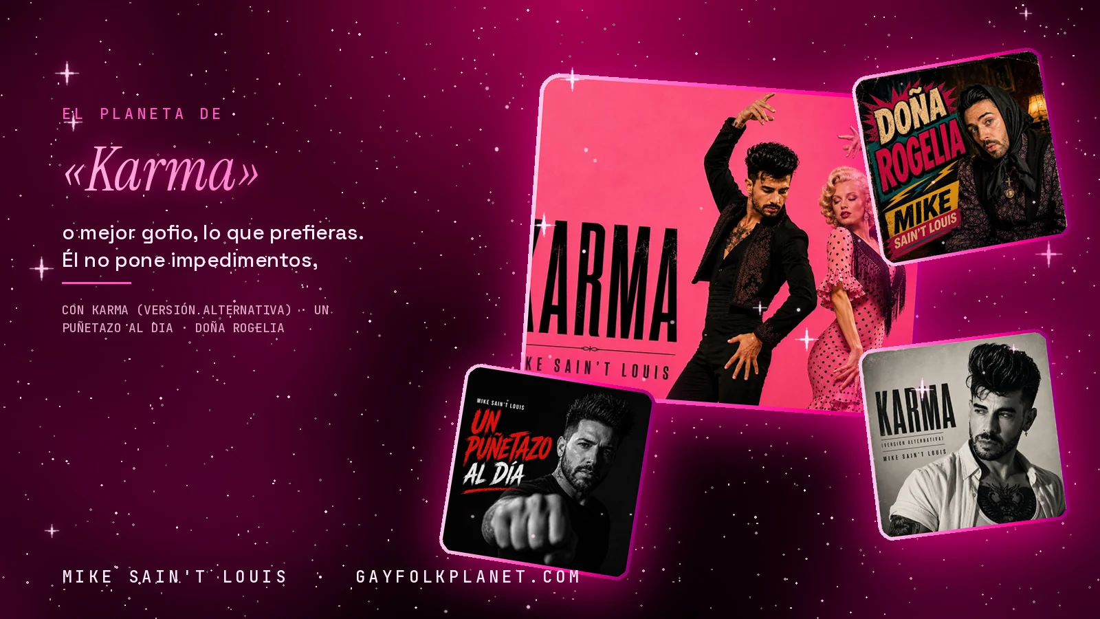 Collage con un detalle de la carátula de «Karma» y las carátulas de «Karma (Versión alternativa)», «Un puñetazo al dia», «Doña Rogelia»