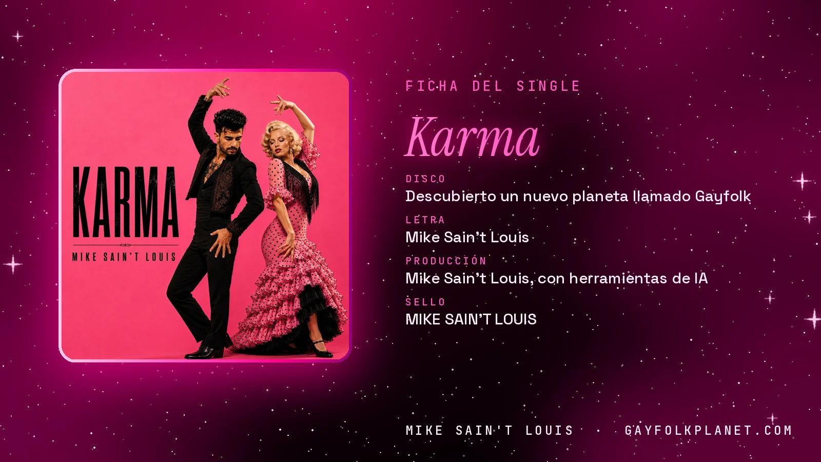 Ficha de la canción «Karma» con su carátula: disco «Descubierto un nuevo planeta llamado Gayfolk», letra y producción de Mike Sain't Louis