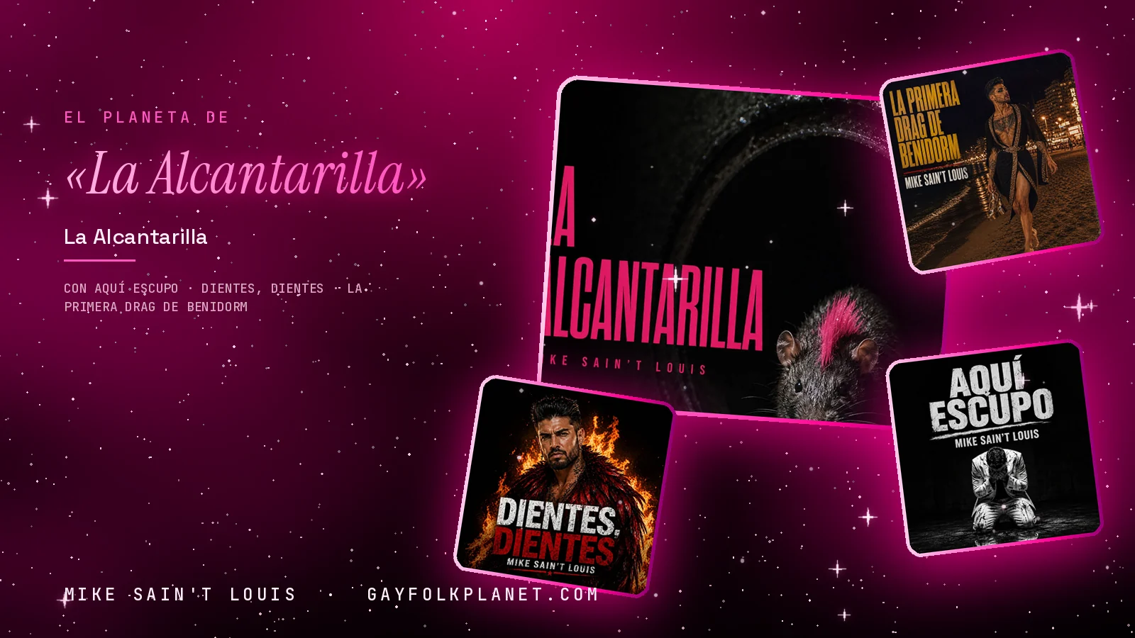 Collage con un detalle de la carátula de «La Alcantarilla» y las carátulas de «Aquí escupo», «Dientes, dientes», «La primera drag de Benidorm»