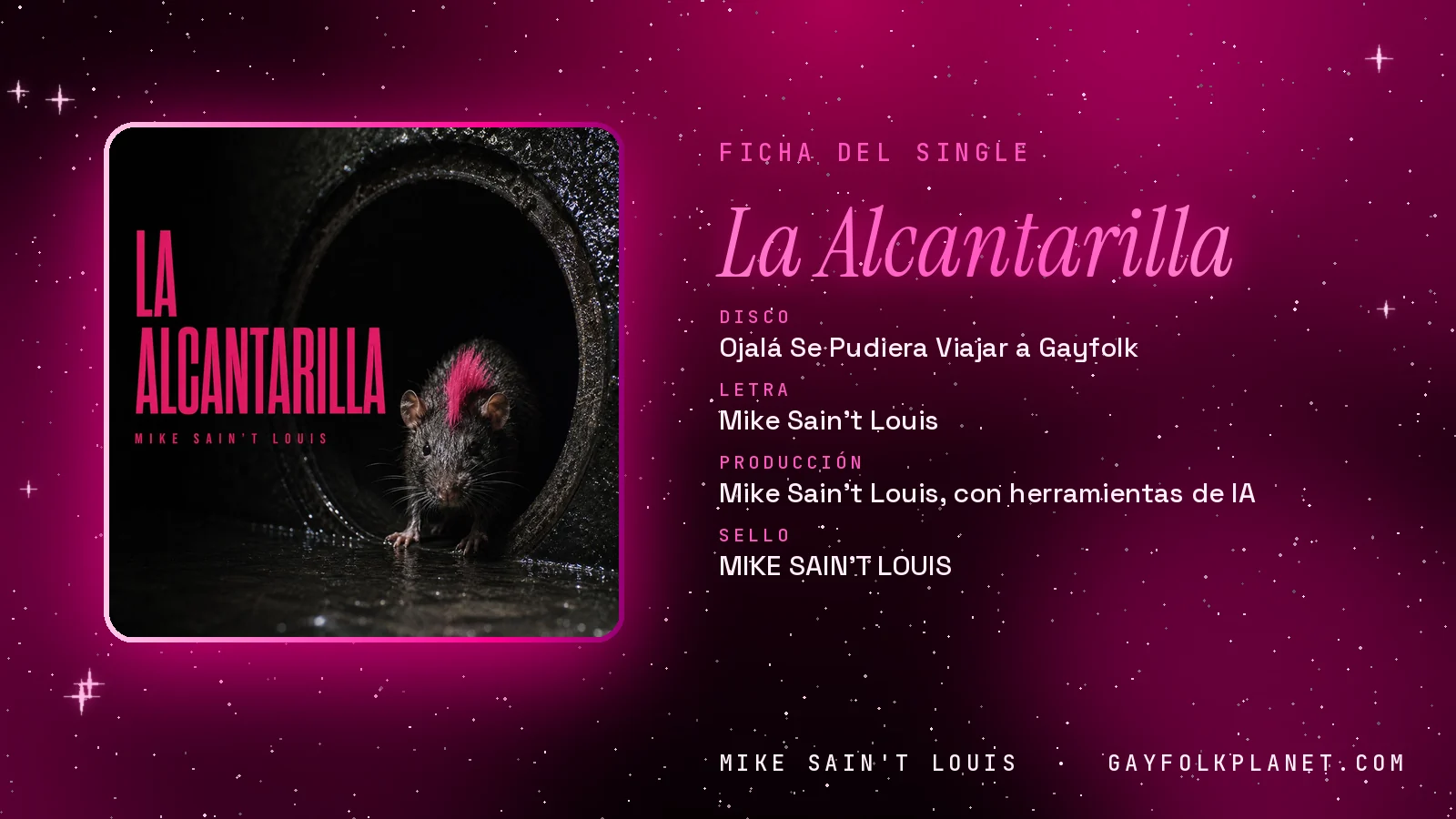 Ficha de la canción «La Alcantarilla» con su carátula: disco «Ojalá Se Pudiera Viajar a Gayfolk», letra y producción de Mike Sain't Louis