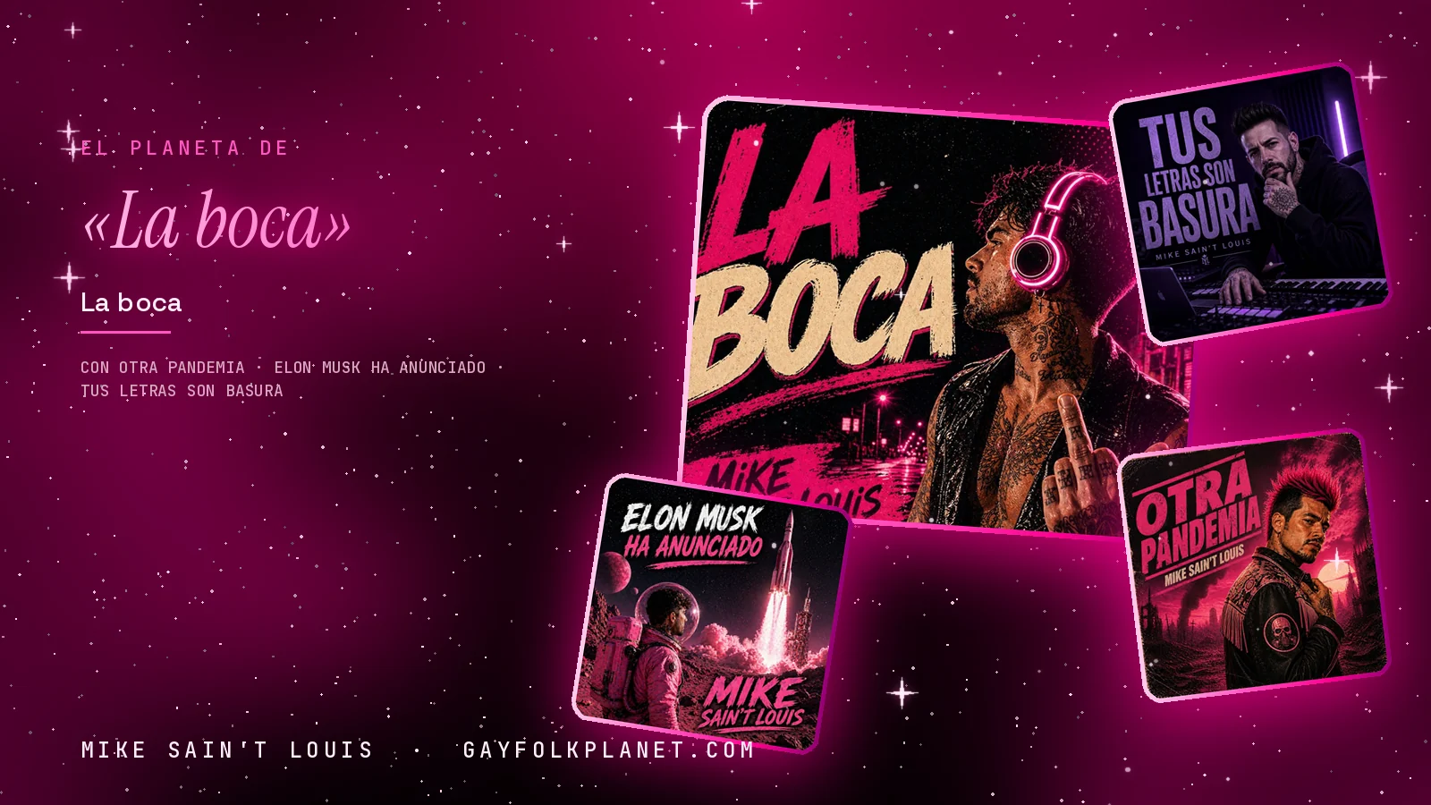 Collage con un detalle de la carátula de «La boca» y las carátulas de «Otra pandemia», «Elon Musk ha anunciado», «tus letras son basura»