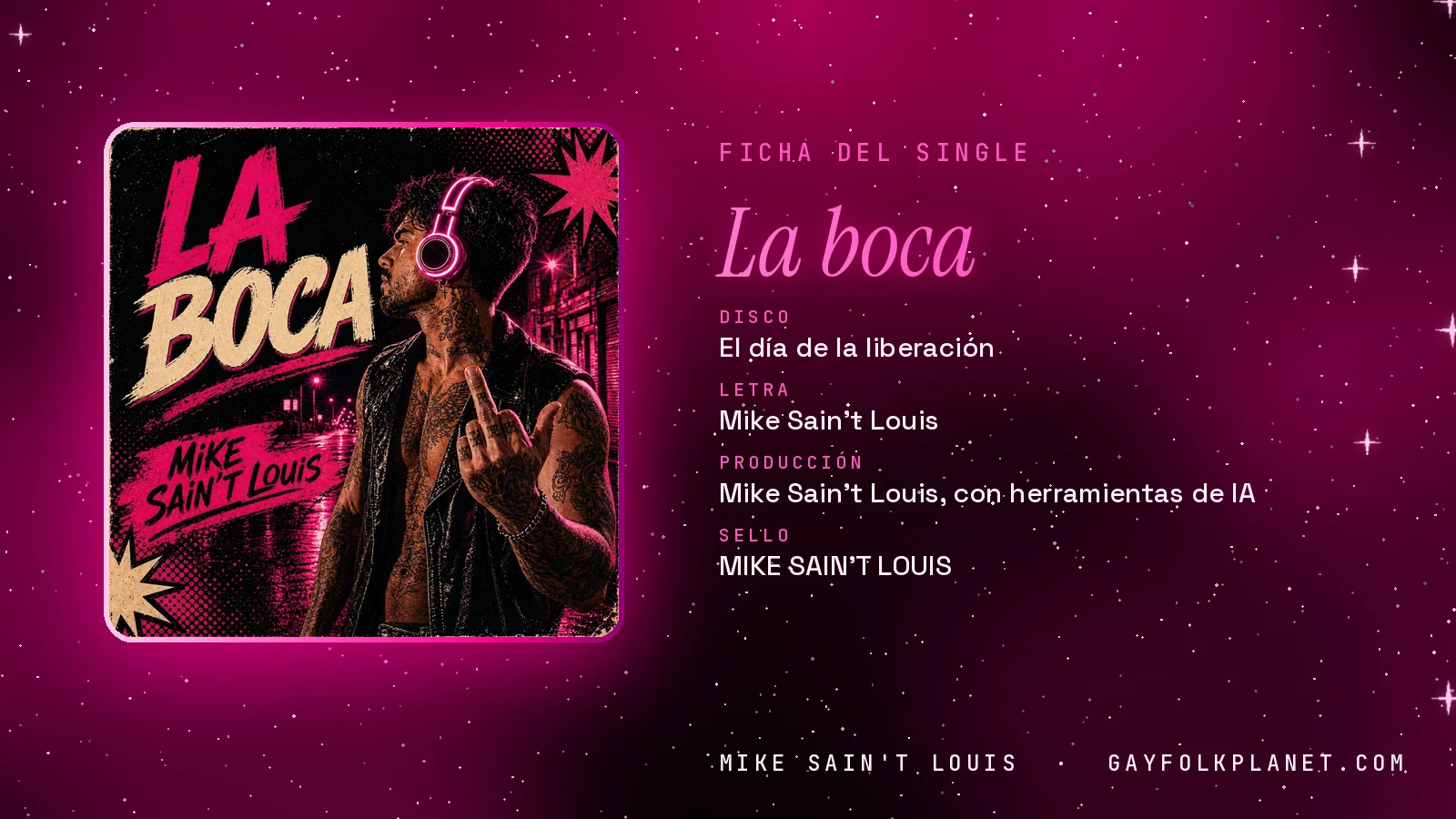 Ficha de la canción «La boca» con su carátula: disco «El día de la liberación», letra y producción de Mike Sain't Louis