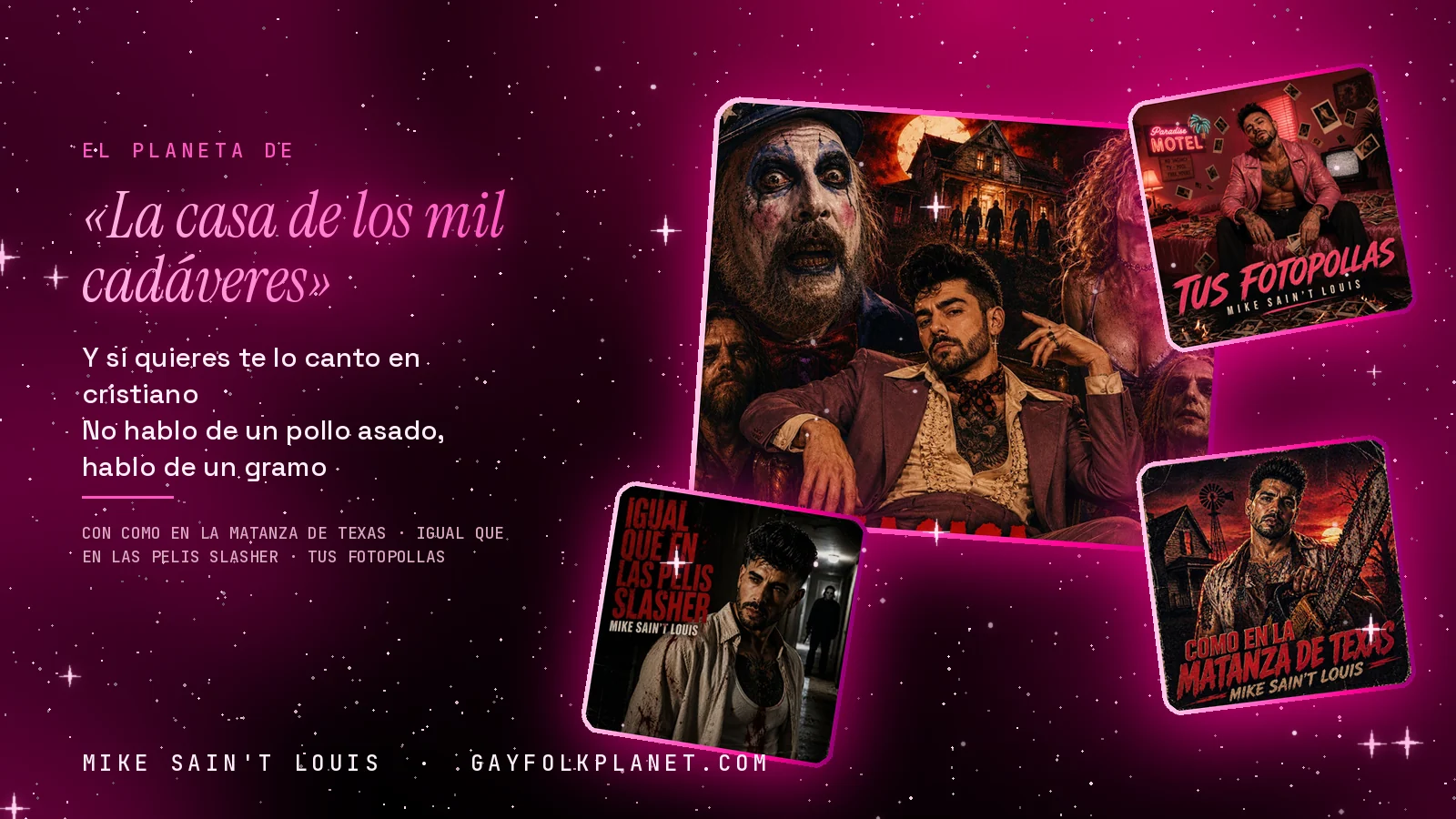 Collage con un detalle de la carátula de «La casa de los mil cadáveres» y las carátulas de «Como en la matanza de Texas», «Igual que en las pelis slasher», «Tus fotopollas»