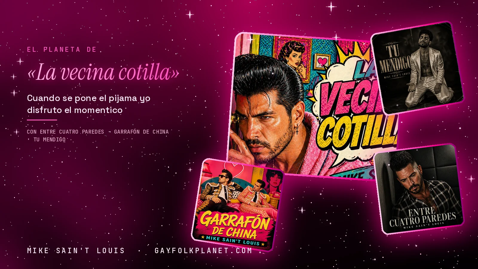 Collage con un detalle de la carátula de «La vecina cotilla» y las carátulas de «Entre cuatro paredes», «Garrafón de China», «Tu mendigo»