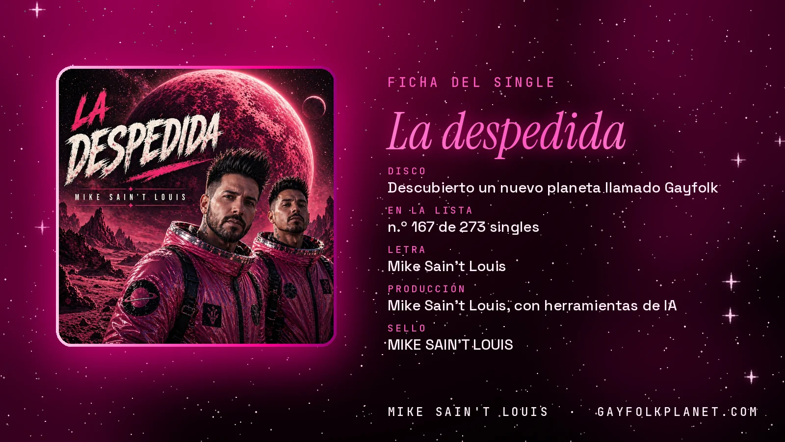 Ficha de la canción «La despedida» con su carátula: disco «Descubierto un nuevo planeta llamado Gayfolk», letra y producción de Mike Sain't Louis