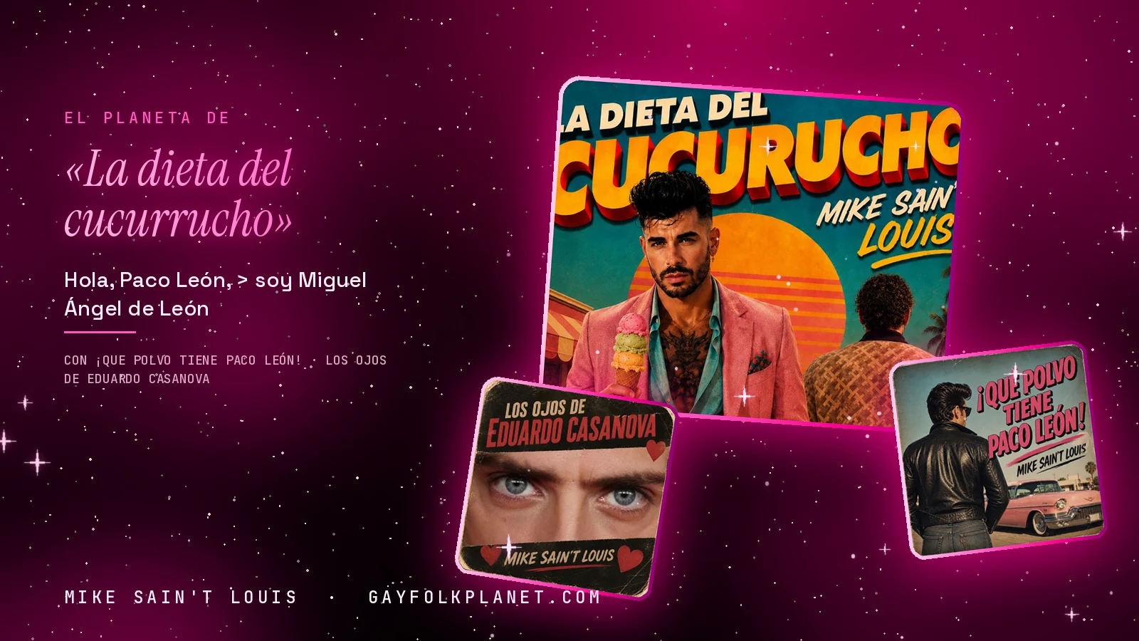 Collage con un detalle de la carátula de «La dieta del cucurrucho» y las carátulas de «¡Que Polvo Tiene Paco León!», «Los ojos de Eduardo Casanova»