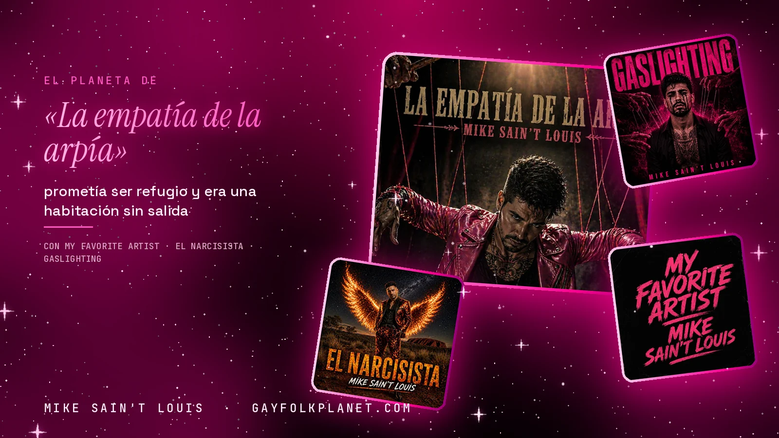 Collage con un detalle de la carátula de «La empatía de la arpía» y las carátulas de «My Favorite Artist», «El narcisista», «Gaslighting»